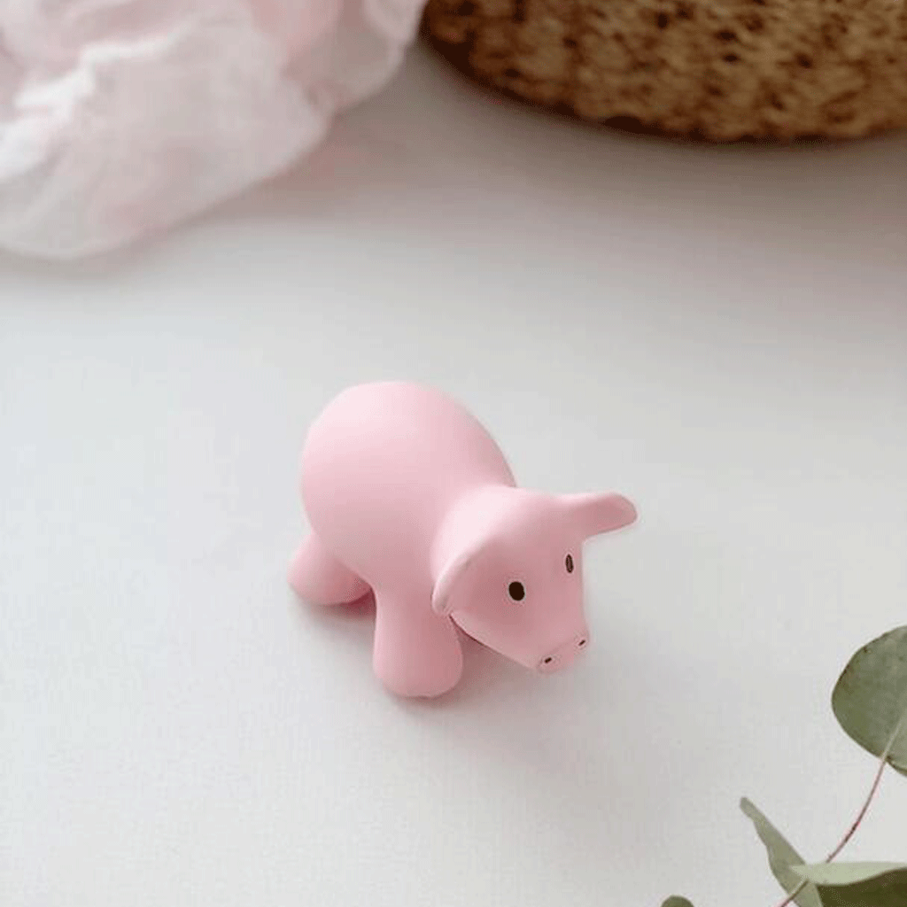 Tikiri Natural Rubber Teether and Rattle Toy for Babies - Pig Shaped Soothing Teething Toy for Infants | Perfect for Teething Relief, Sensory Play, and Early Development