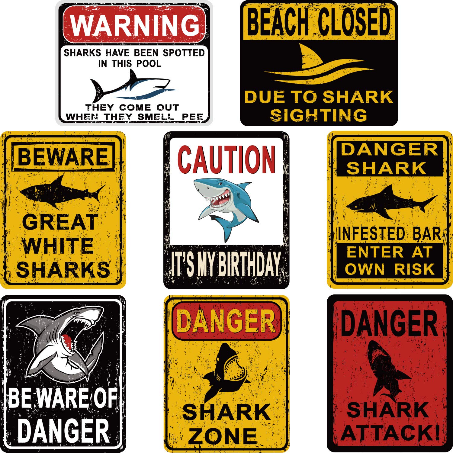 8 Styles Shark Zone Party Decorations - Funny Beware of Sharks Wall Signs for Boys & Girls Birthday, Ocean Shark Theme Party Supplies with Adhesive Wall Stickers | Perfect for Underwater Themed Parties, Pool Parties & Kids Room Decor