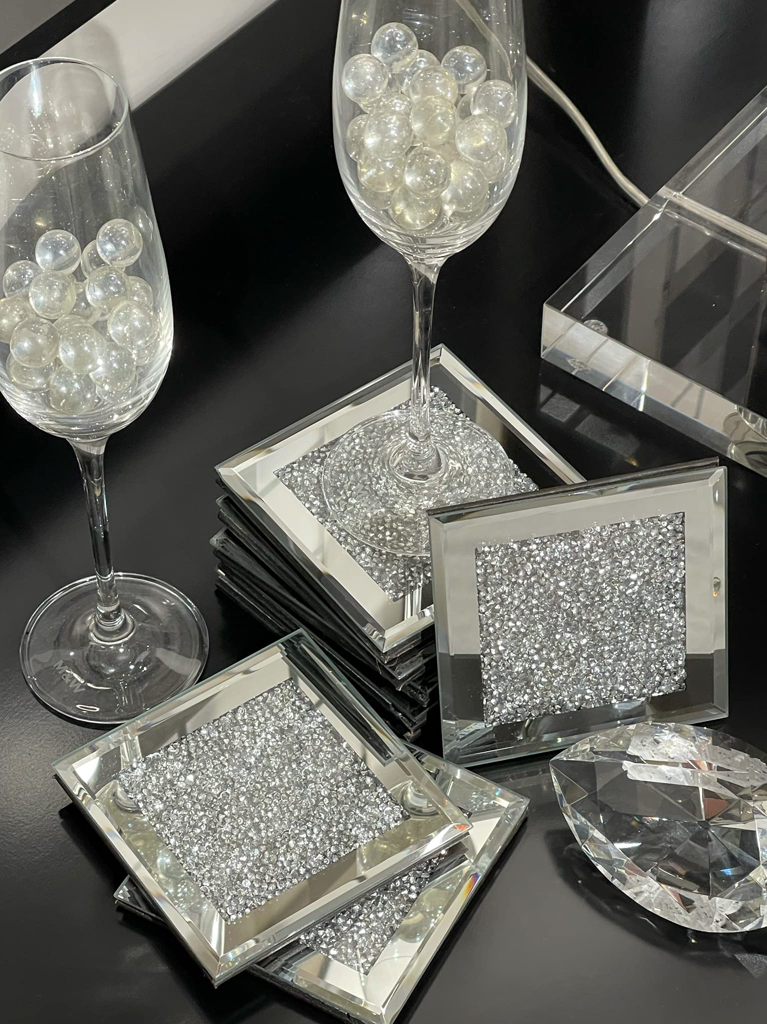 Premium 8-Pack Diamond Decor Silver Crystal Glass Coasters - Elegant Mirrored Square Drink Coasters (4