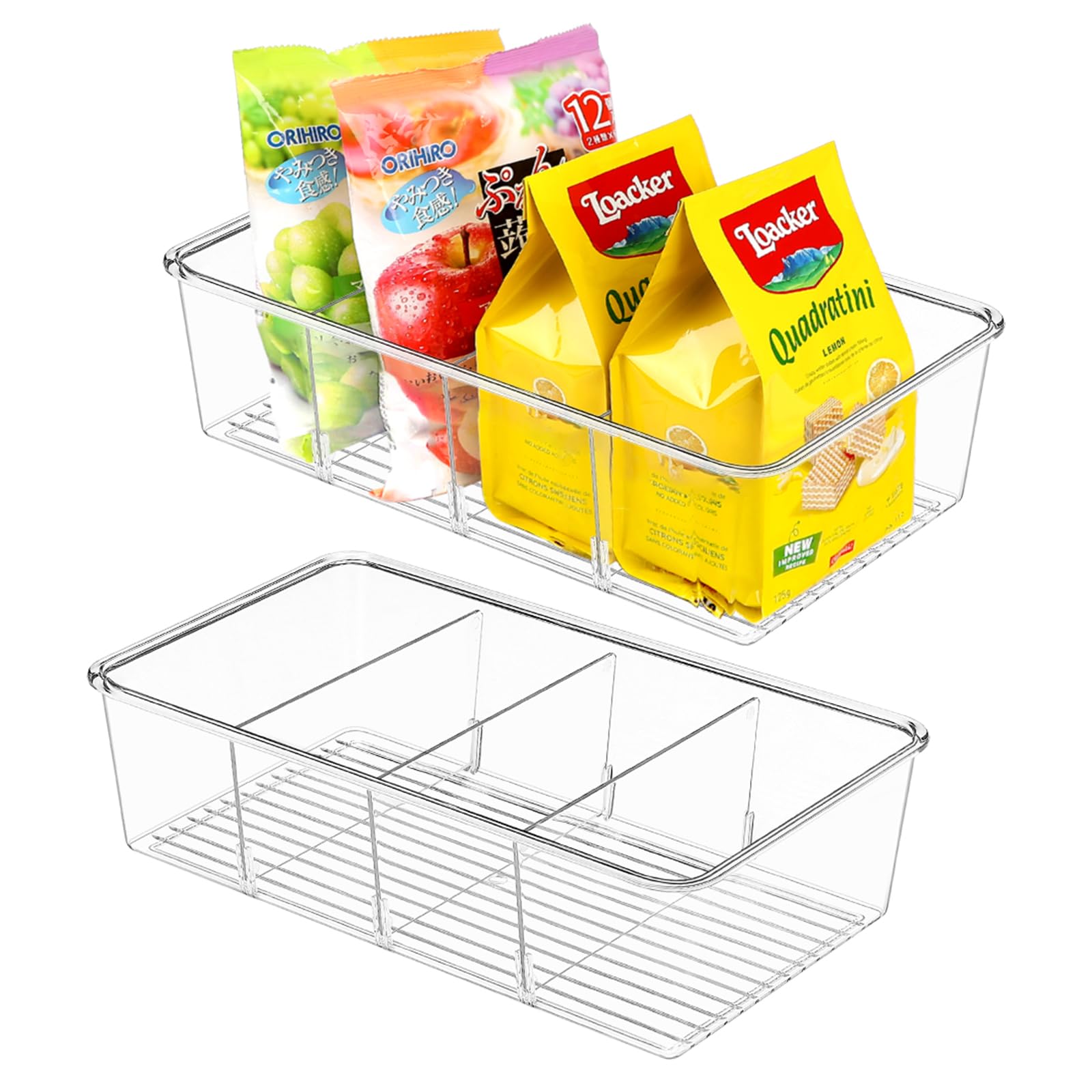 2-Pack Clear Pantry Organizers with Dividers - Kitchen Storage Bins for Snacks, Spices & Cabinets