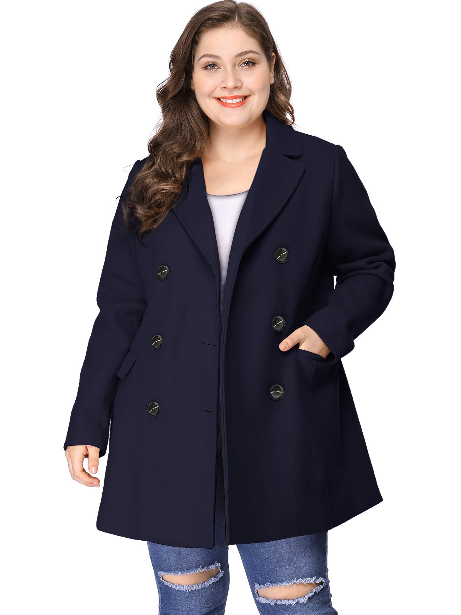 Agnes Orinda Women's Plus Size Notched Lapel Double Breasted Long Trench Coat for Work, Office & Formal Occasions | Winter Warm Wool Blend Overcoat