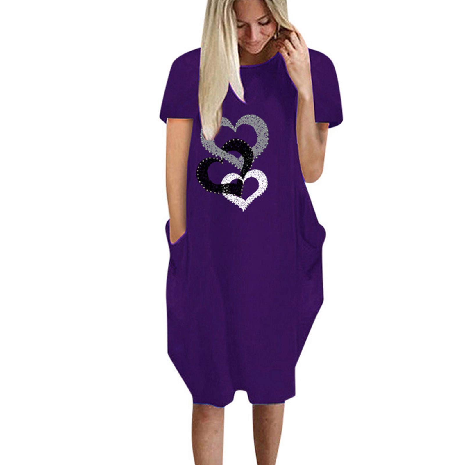 BFAFEN Women's Plus Size Summer Dress - Heart Print Midi Dress with Round Neck & Short Sleeves | Casual Loose Fit Shirt Dress for Beach, Vacation & Everyday Wear
