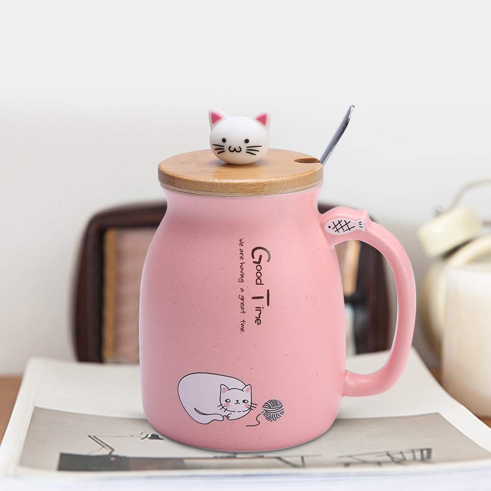 Fdit Lovely Cat Ceramic Mug with Spoon & Lid - Insulated Coffee Tea Milk Cup for Home Office Use - Perfect Christmas Gift for Cat Lovers