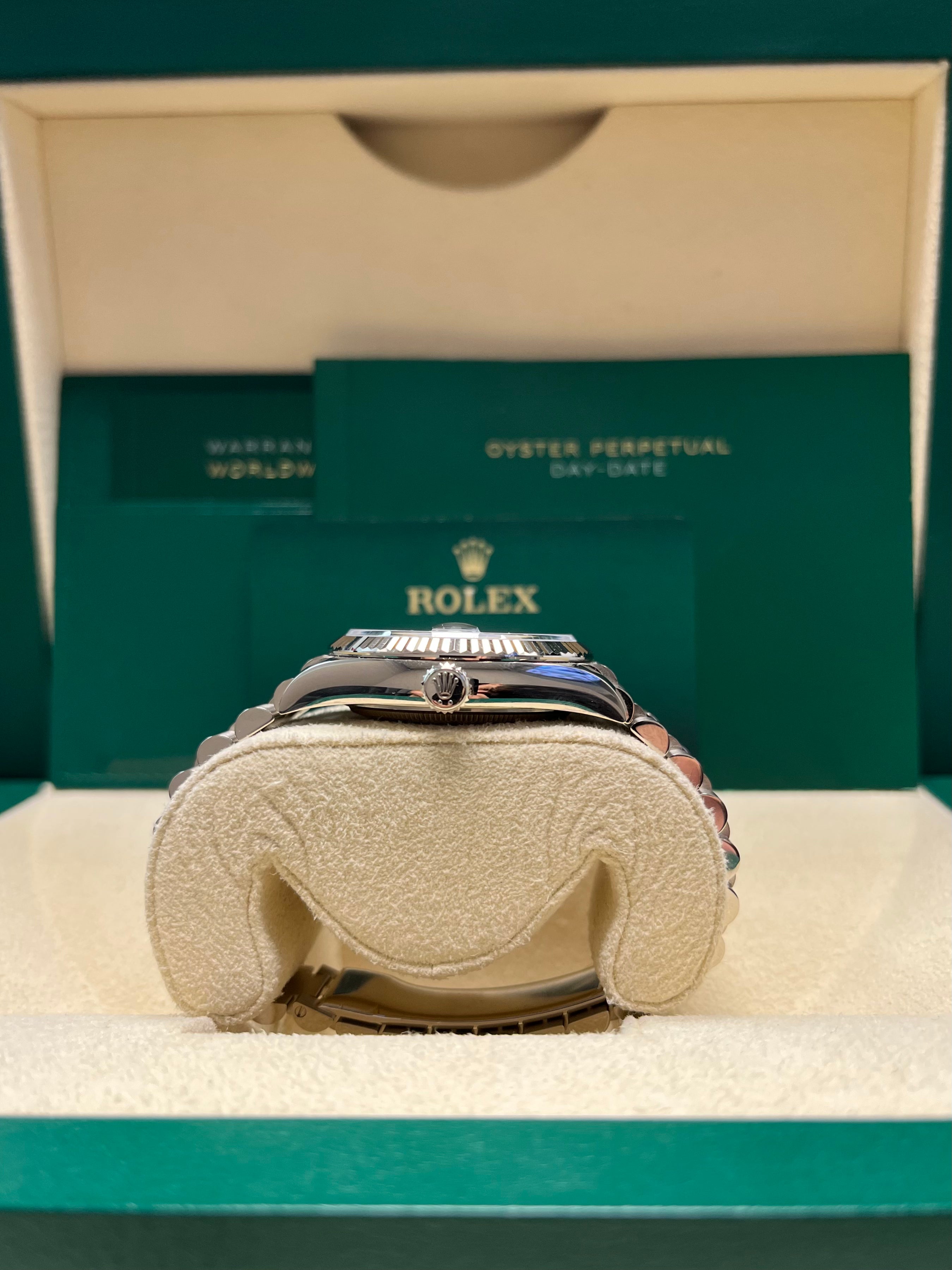 Rolex Day-Date 36 White Gold Watch with Fluted Bezel & Blue Ombre Diamond Dial - President Bracelet (Ref #128239) | Luxury Dress Watch for Business & Formal Occasions