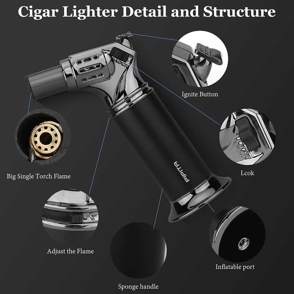 Windproof Cigar Lighter - Adjustable Single Flame Refillable Torch for Outdoor & Smoking