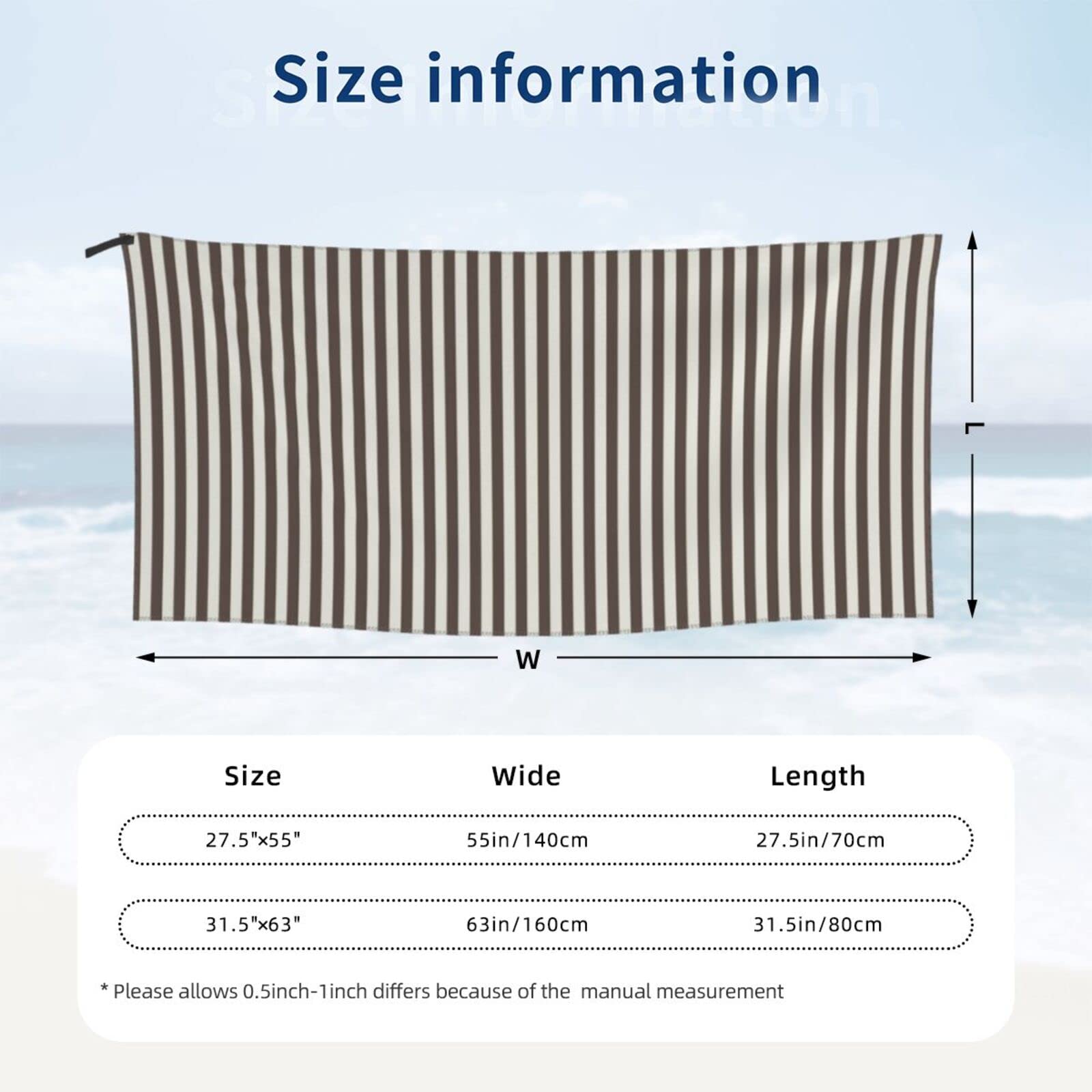 Quick Dry Sand Free Beach Towels for Adults & Kids - Super Absorbent Brown Stripe Bath Towels with Pockets (31.5x63 Inch) - Perfect for Beach, Pool, Yoga, Gym, Travel & Bathroom Use