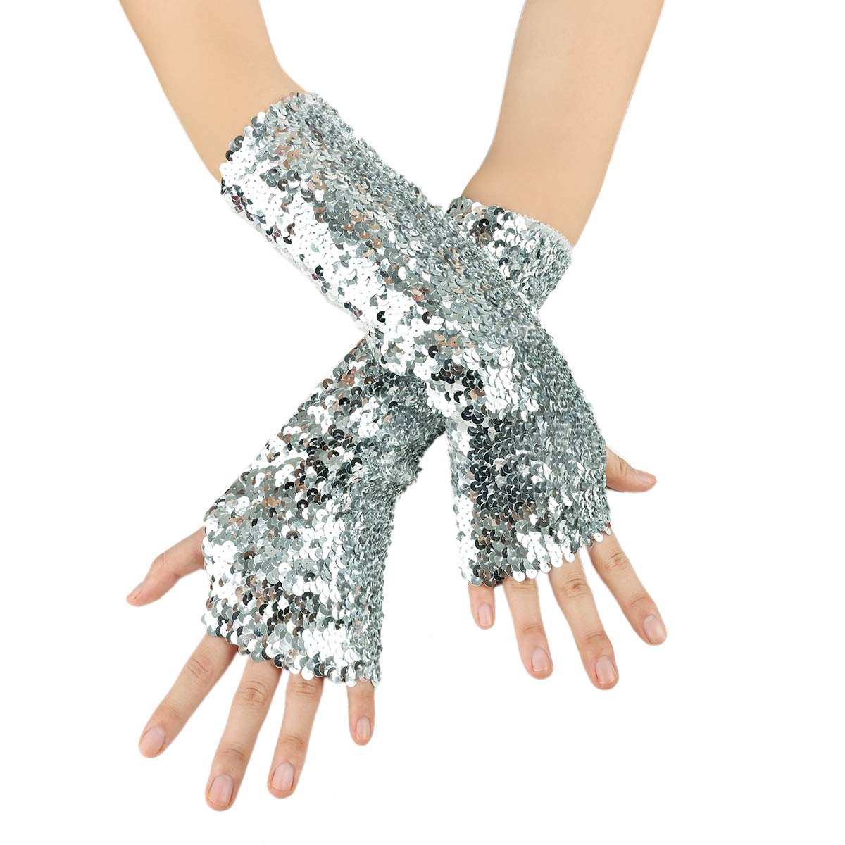 JISEN Shiny Sequins Arm Warmers - Stretchy Fingerless Gloves for Women, Fashionable Dance & Performance Accessories, Perfect for Cosplay, Rave Parties, and Winter Outfits