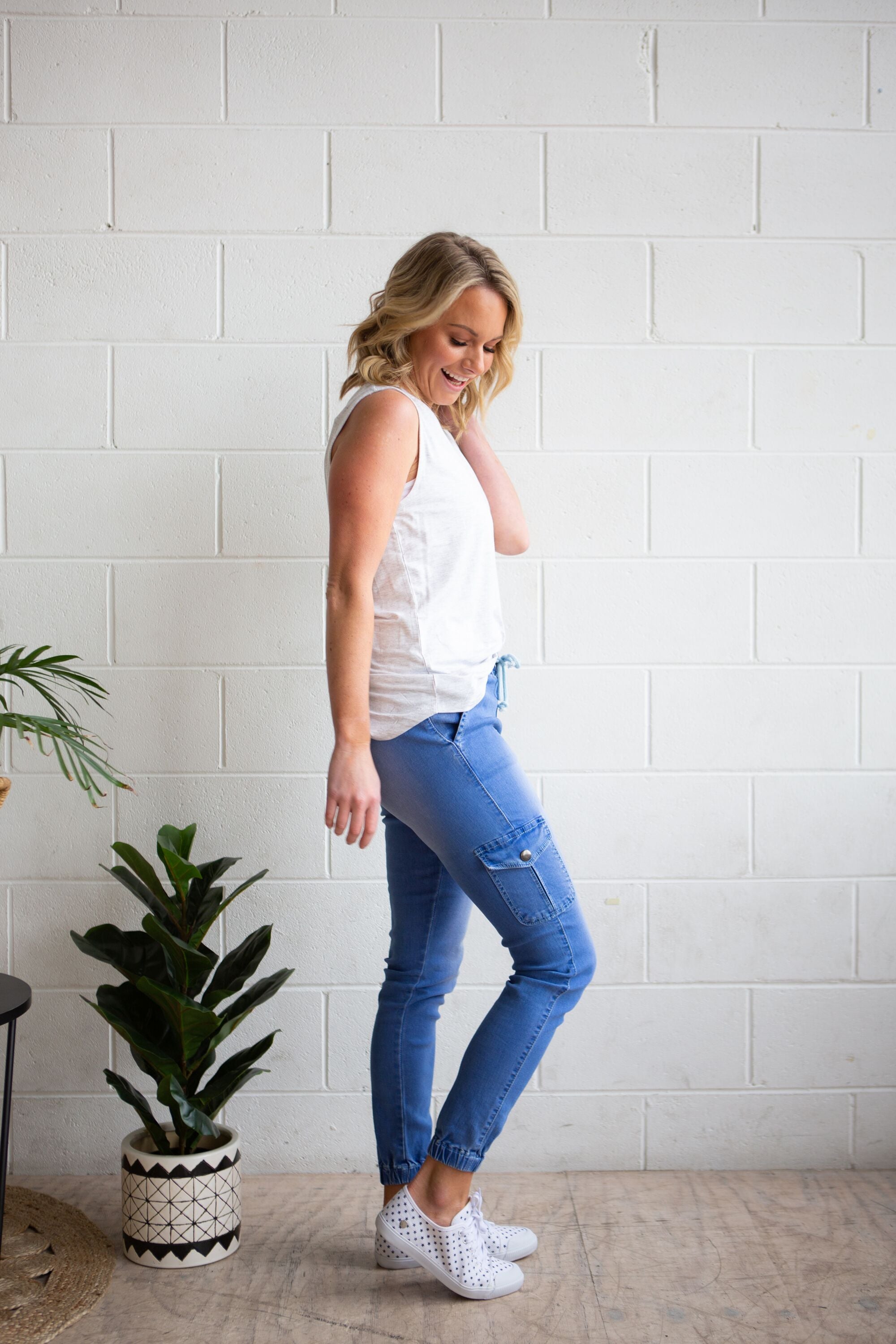 Florence Sky Blue Denim Joggers for Women - Comfortable Stretch Casual Pants for Everyday Wear, Lounge, and Running Errands
