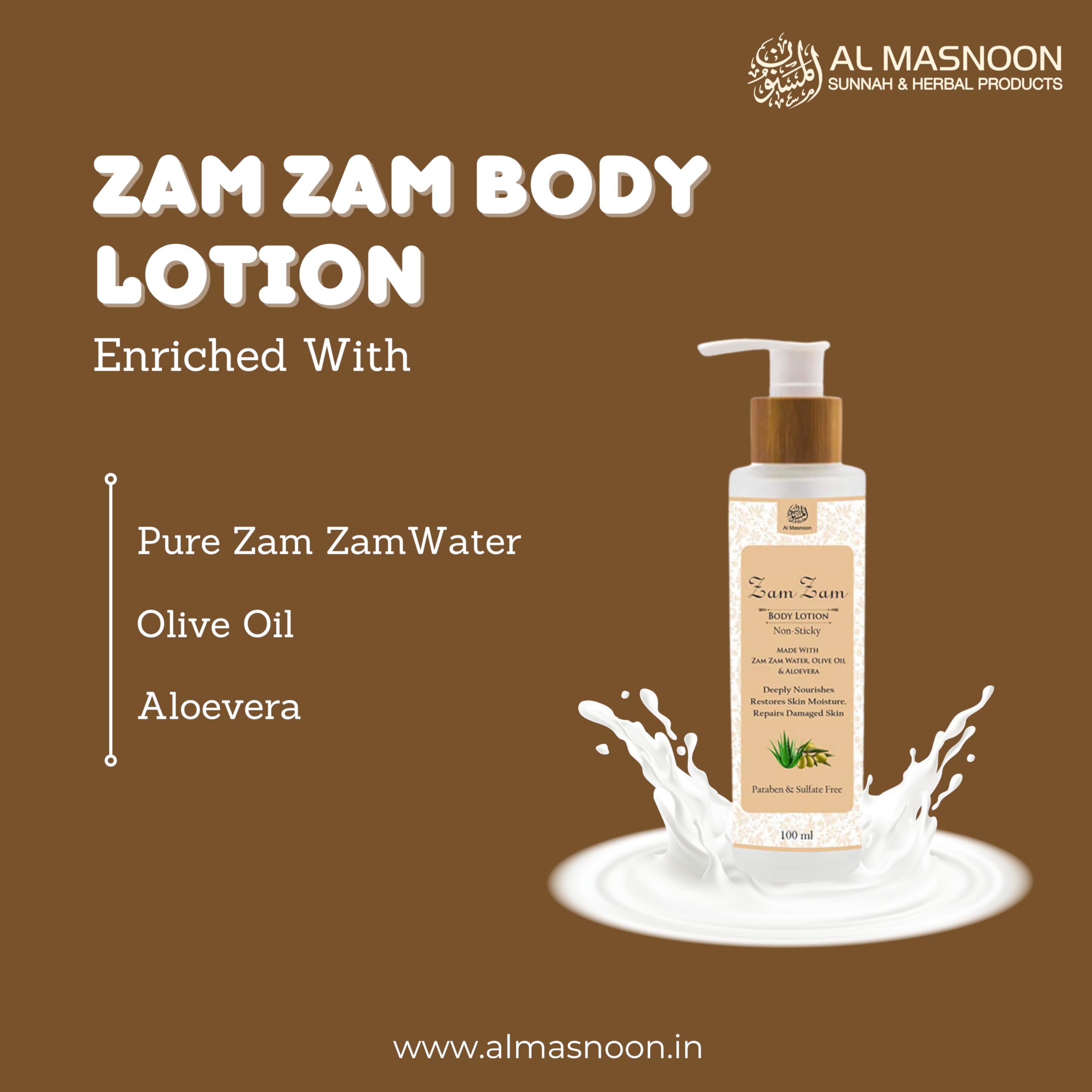 AL MASNOON Zam Zam Body Lotion with Zam Zam Water, Olive Oil & Aloe Vera - 100ml, Paraben & Sulfate Free - Hydrating & Nourishing for Dry Skin - Perfect for Daily Moisturizing & After-Shower Care