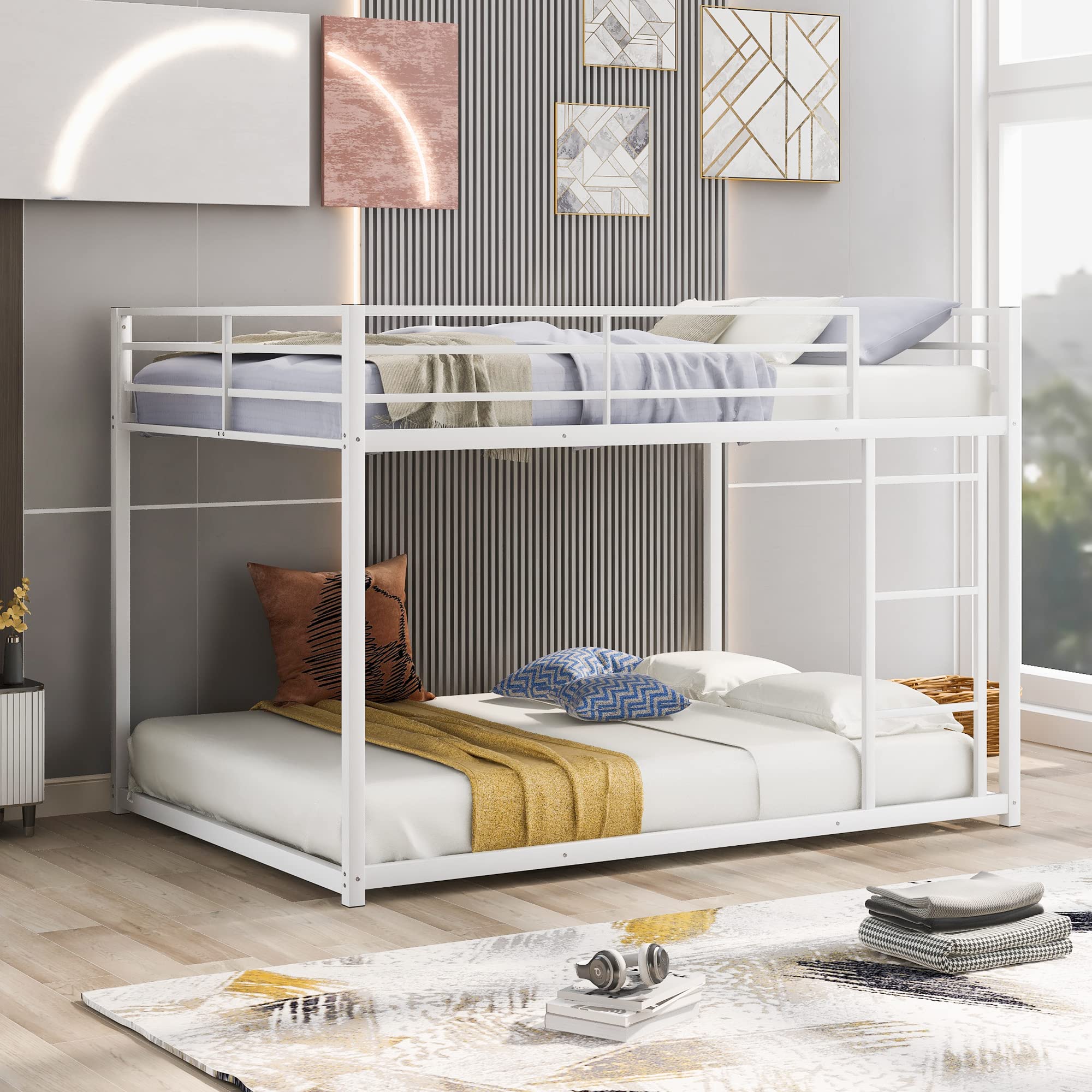 Full Over Full Metal Bunk Bed with Ladder & Safety Rails - Low Profile Design for Kids, Teens & Adults - No Box Spring Needed - White | Perfect for Dorms, Guest Rooms & Space-Saving Bedroom Solutions
