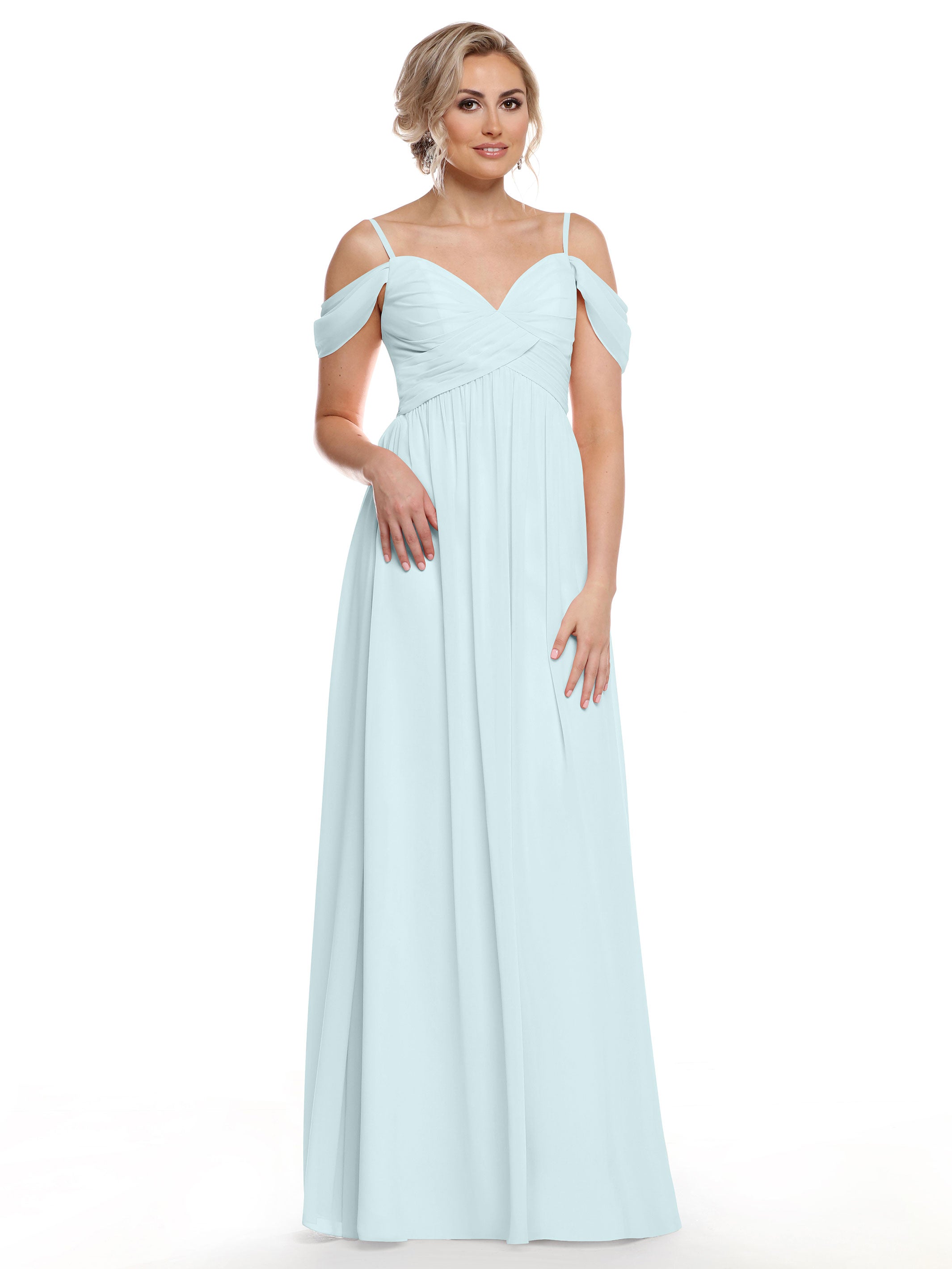 Elegant 80142 Off-The-Shoulder Chiffon Bridesmaid Dress with Spaghetti Straps - Perfect for Weddings, Formal Events & Evening Parties