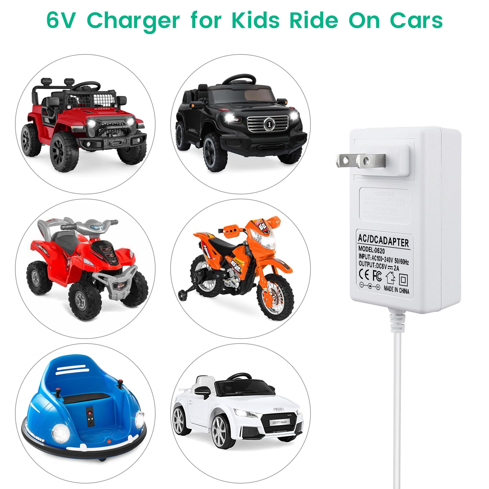 6V Battery Charger for Kids Ride-On Car Toys - Compatible with Best Choice Products SUV, Power Supply with LED Indicator Light, White - Perfect for Children's Electric Vehicles and Outdoor Play