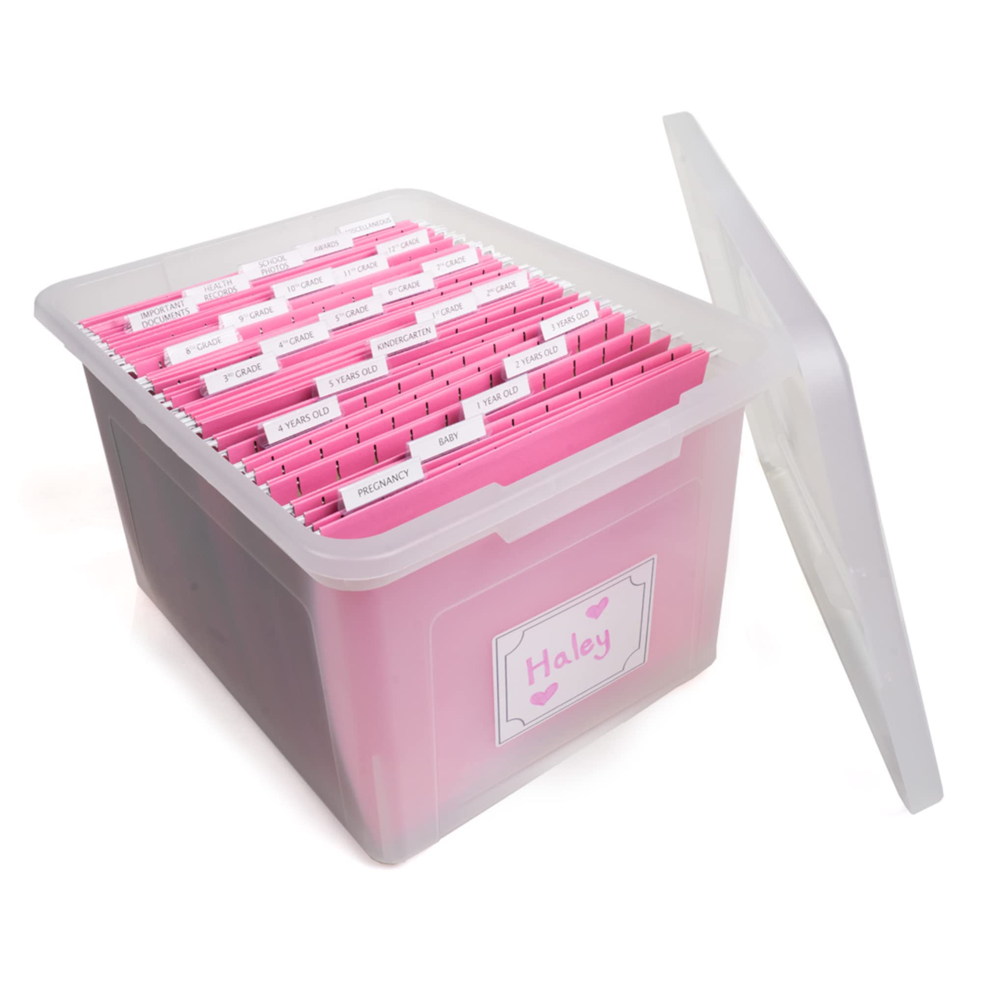 Kids Craft Memory Keepsake Organizer Box - Clear Plastic Storage Bin with Hanging File Folders & Customizable Tabs | Perfect for School Projects, Artwork Storage & Memory Preservation (Pink)