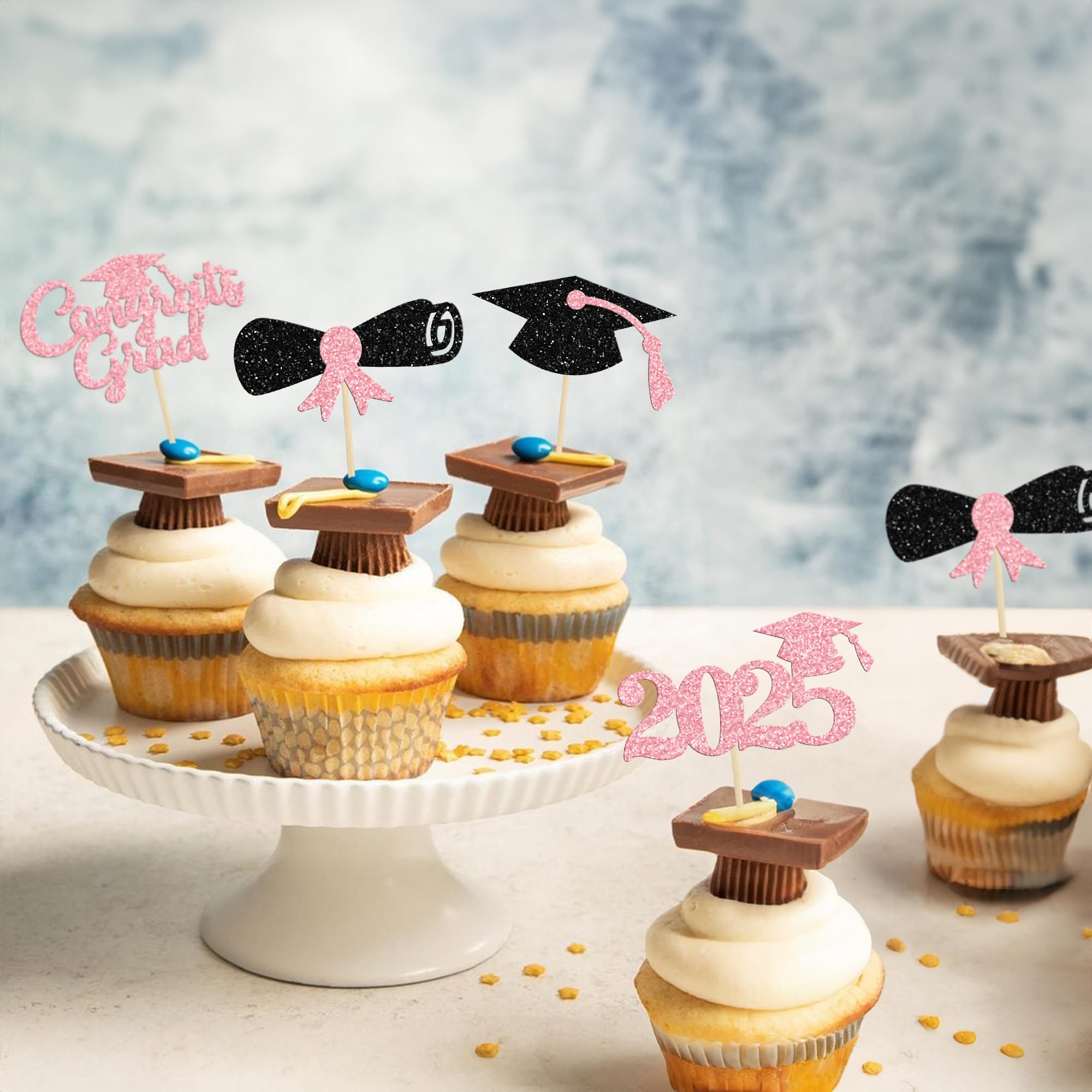 24Pcs 2025 Graduation Cupcake Toppers - Glitter Class of 2025 Diploma & Cap Cake Decorations - Pink Graduation Party Supplies for Graduation Ceremony, School Celebration & Dessert Table Decor