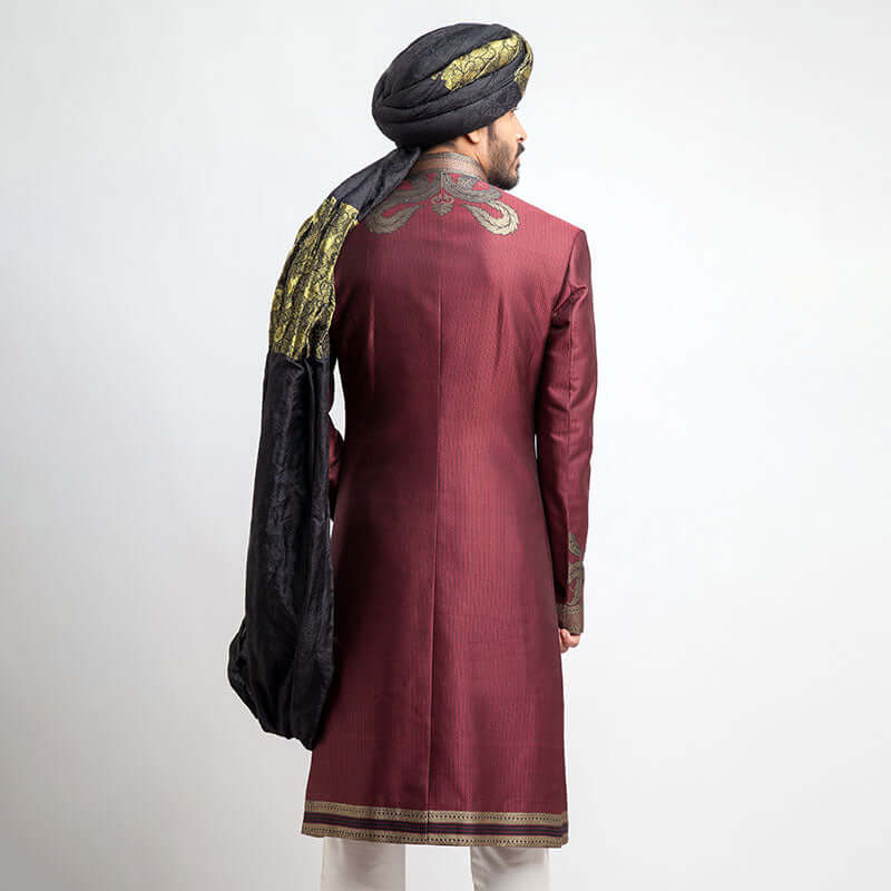 Antique Silver and Burgundy Brocade Sherwani for Men | Traditional Indian Wedding Attire | Elegant Ethnic Groom Wear for Special Occasions