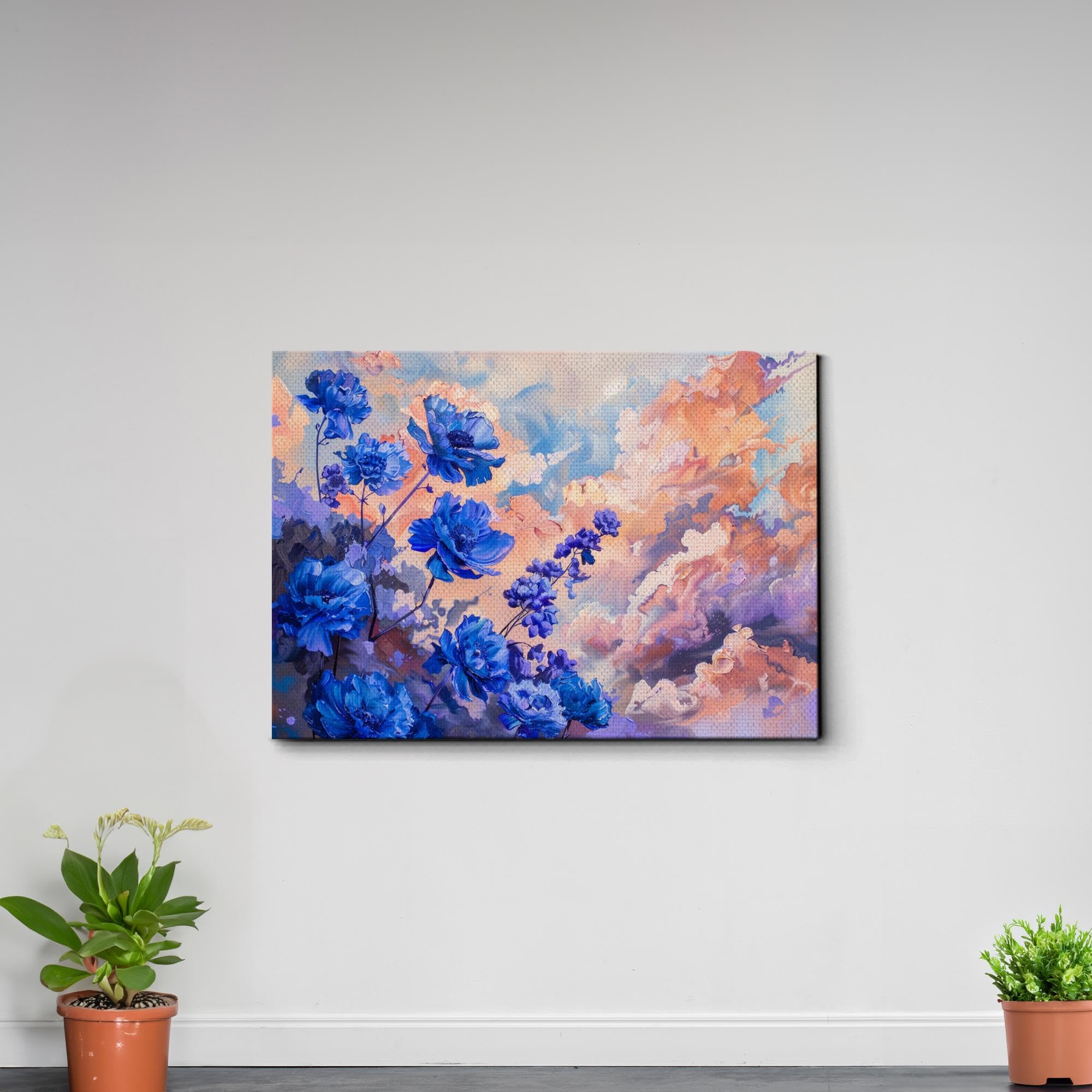 Abstract Purple Orchid Flower Canvas Art - Floral Wall Decor with Mountain Sunset Glow - Stretched Canvas Prints for Living Room, Bedroom & Office - Modern Botanical Artwork for Home Decoration