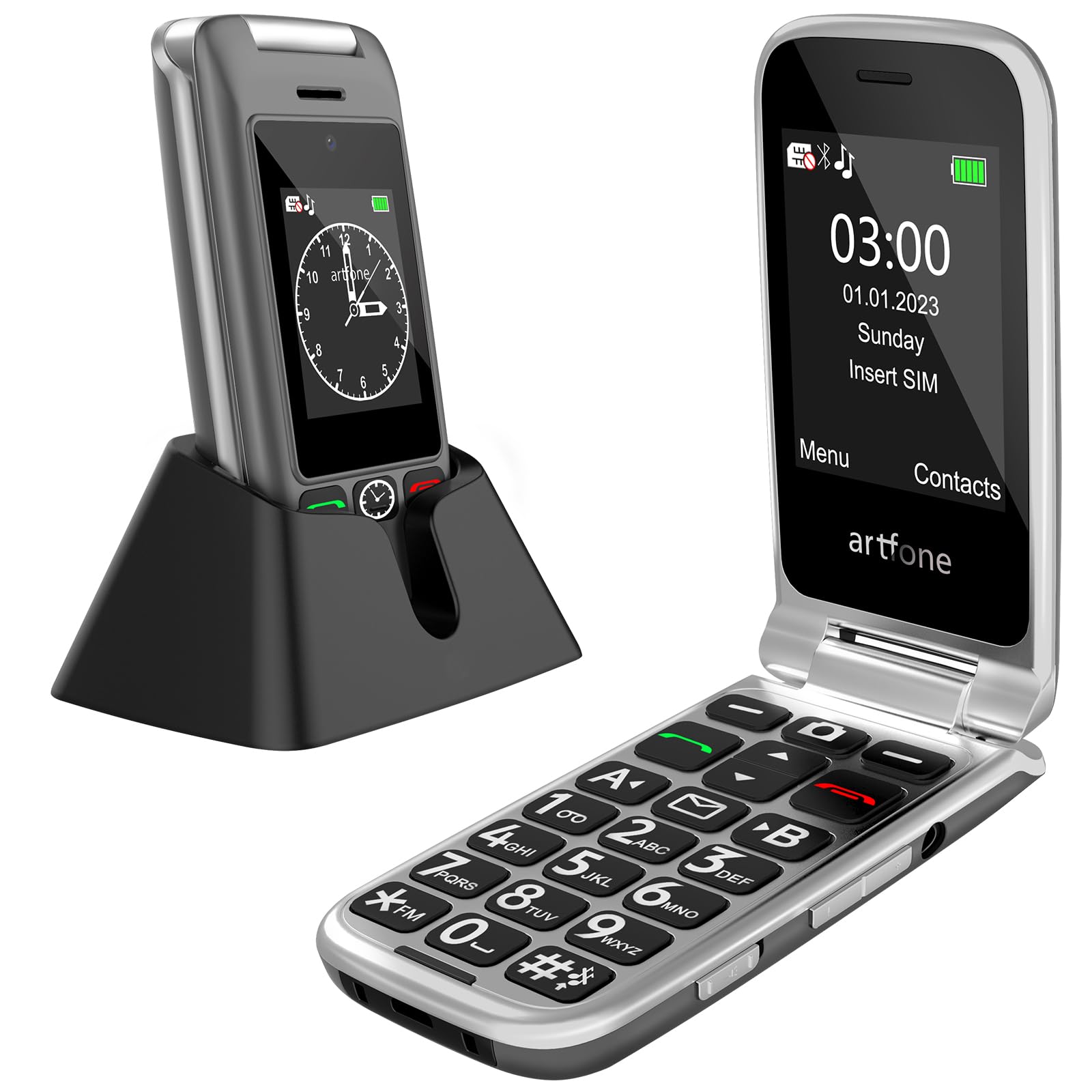 Artfone 4G Unlocked Senior Flip Phone - Dual Screen, 1200mAh Battery & Charging Dock - Easy-to-Use Cell Phone for Elderly with Time Reporting - Perfect for Emergency Calls & Simple Communication