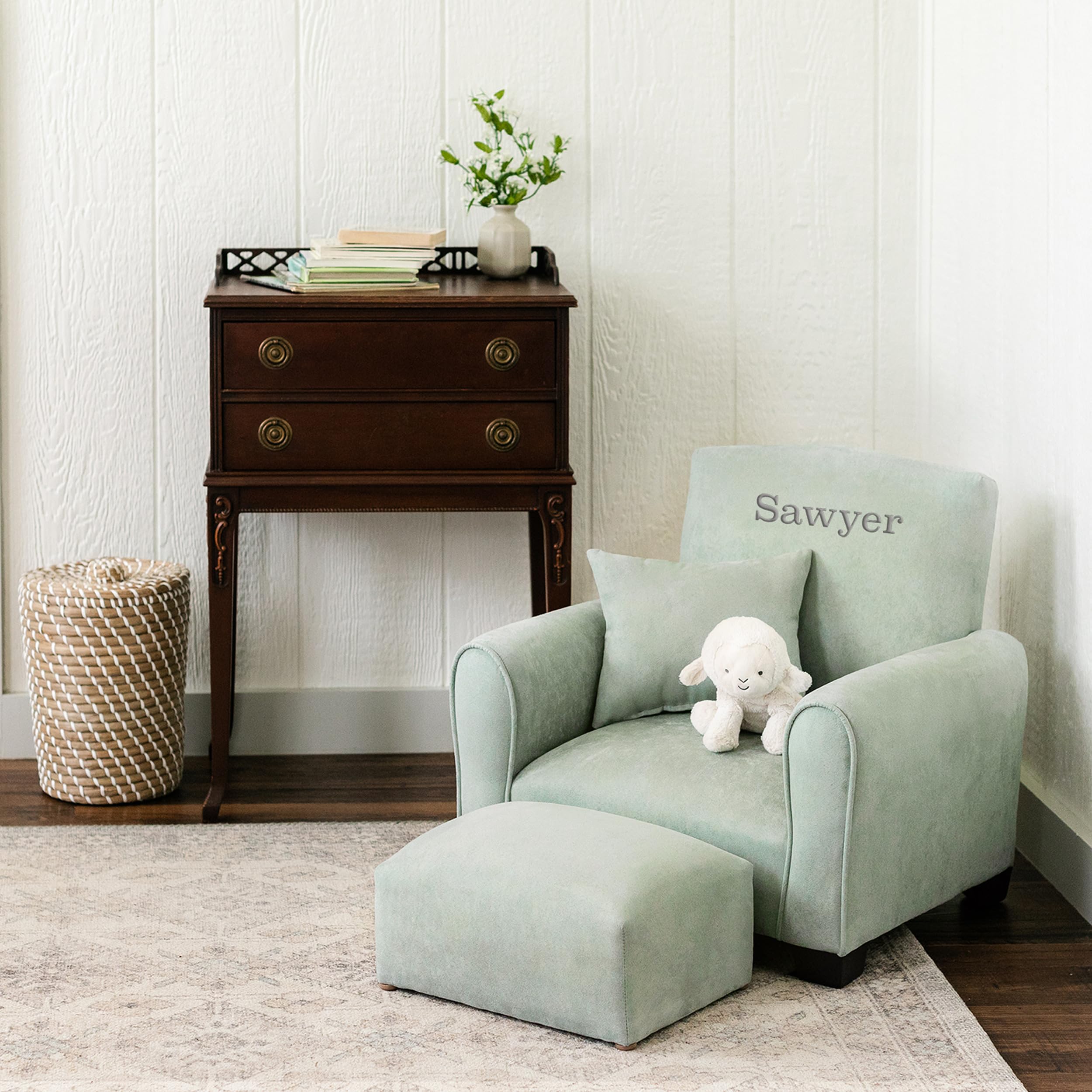 Personalized Kids Rocking Chair with Name - Toddler Upholstered Armchair in Seafoam Green Suede | Comfortable Nursery Furniture for Reading Nook, Bedroom Decor & Gift Ideas