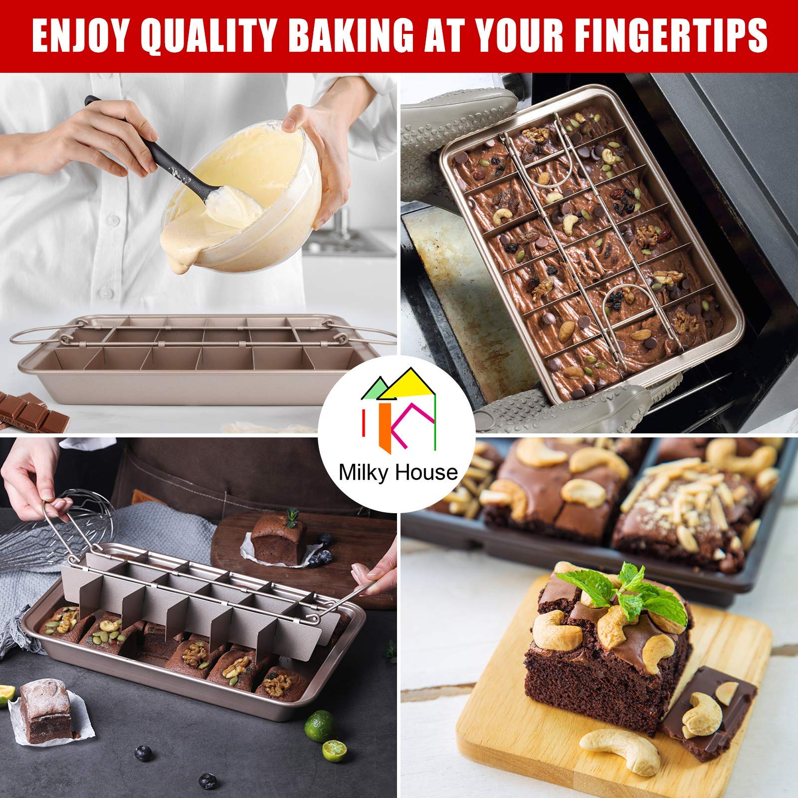 Non-Stick Brownie Baking Pan with Dividers & Slicers - 12x8 Inch Rectangular Oven Safe Baking Tray with 18 Pre-Cut Molds for Perfect Brownies, Cakes & Bread - Ideal for Home Baking, Parties & Gifts - Dishwasher Safe