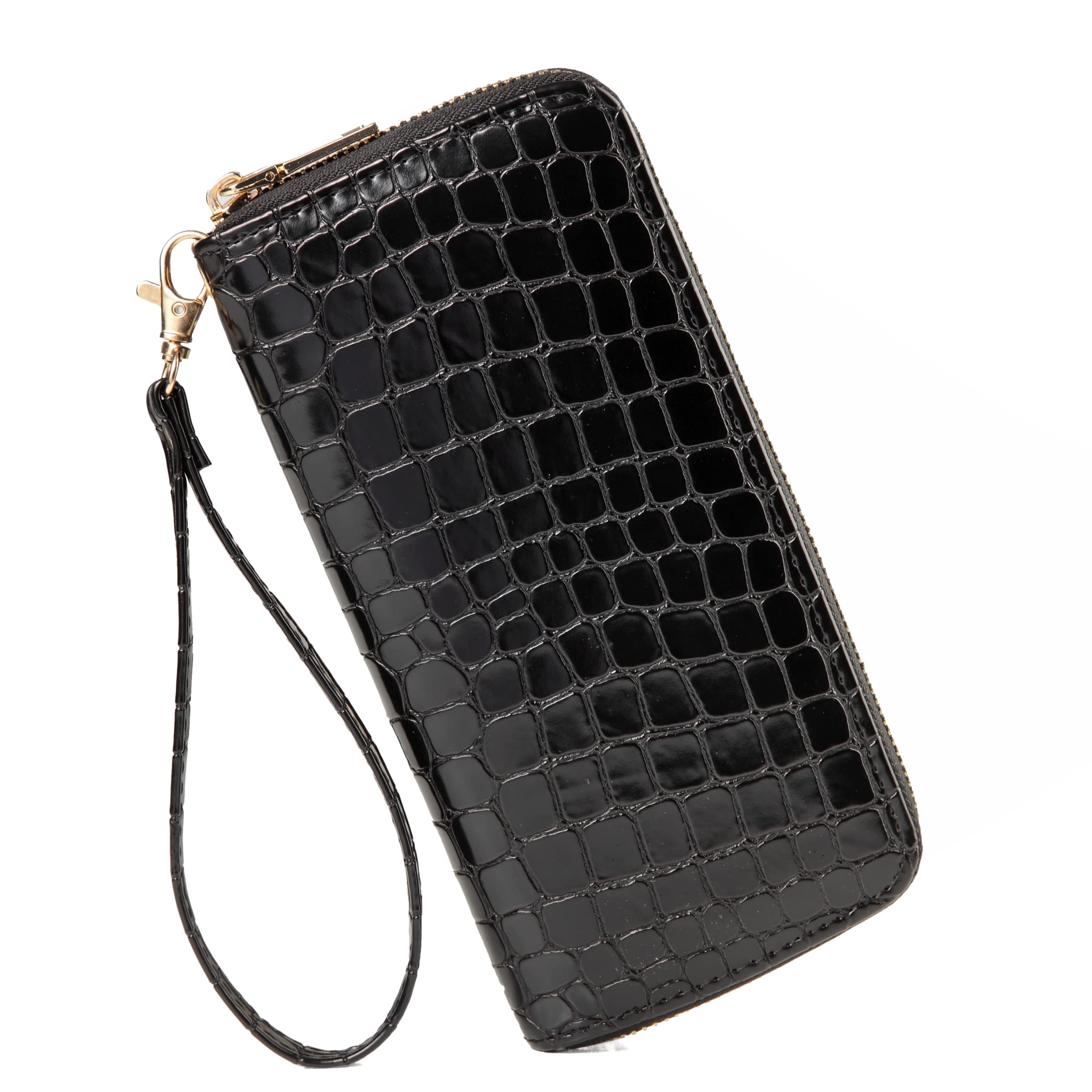 Fanwill Women's Crocodile Print Leather Wristlet Wallet with Zipper - Stylish Travel Purse for Everyday Use (Black) | Perfect for Shopping, Travel & Night Out