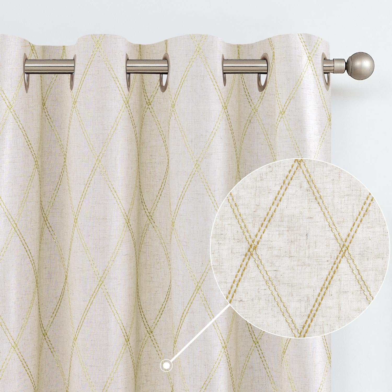Premium Linen Curtains for Living Room & Bedroom - Gold Diamond Embroidered Geometric Window Drapes, Flax Grommet Curtain Panels (84