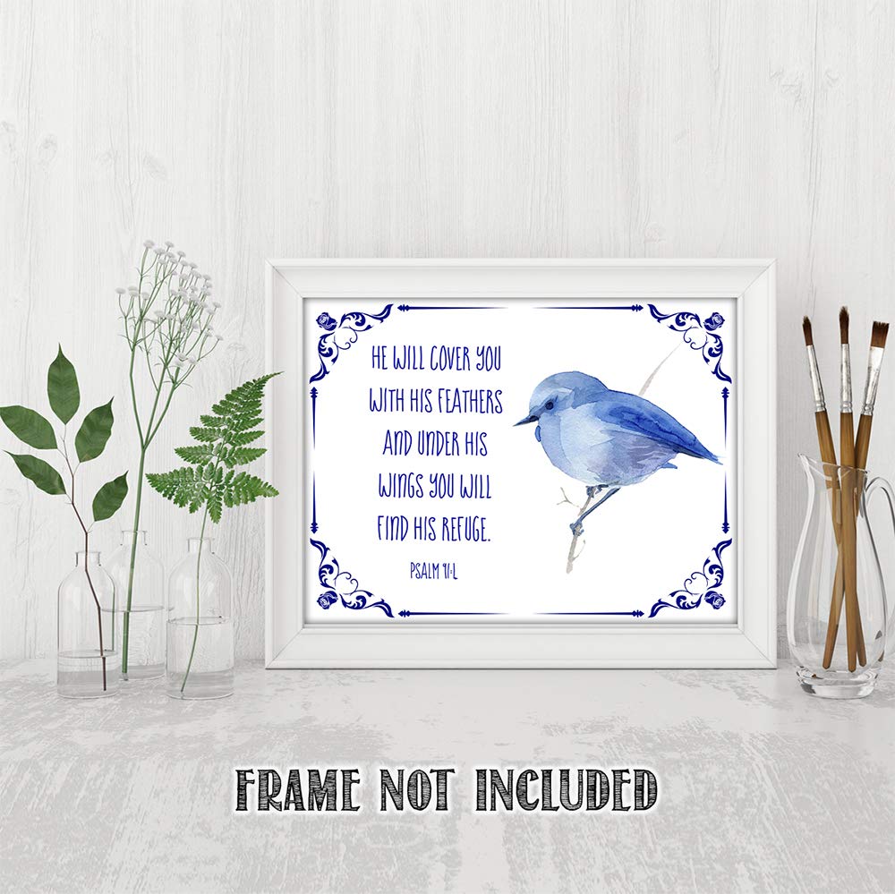 Psalm 91:4 Bible Verse Wall Print - 11x14 Watercolor Art - Inspirational Home Decor & Gift