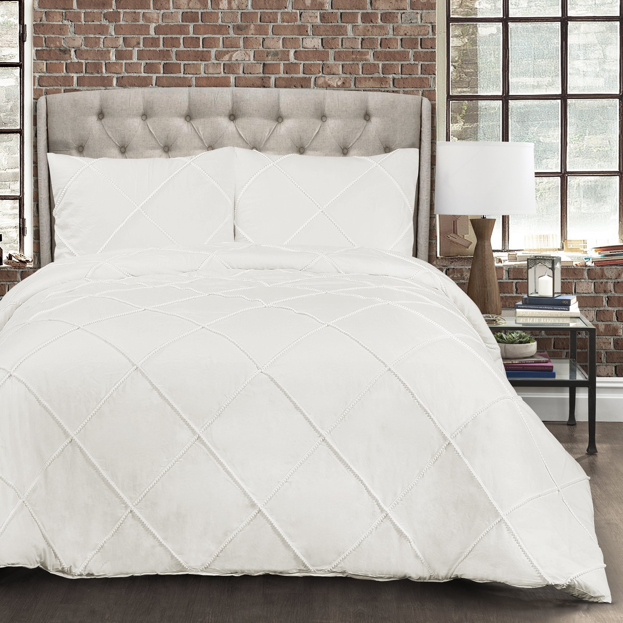 Lush Decor Diamond Pom Pom King Comforter Set - White for Bedroom Decor