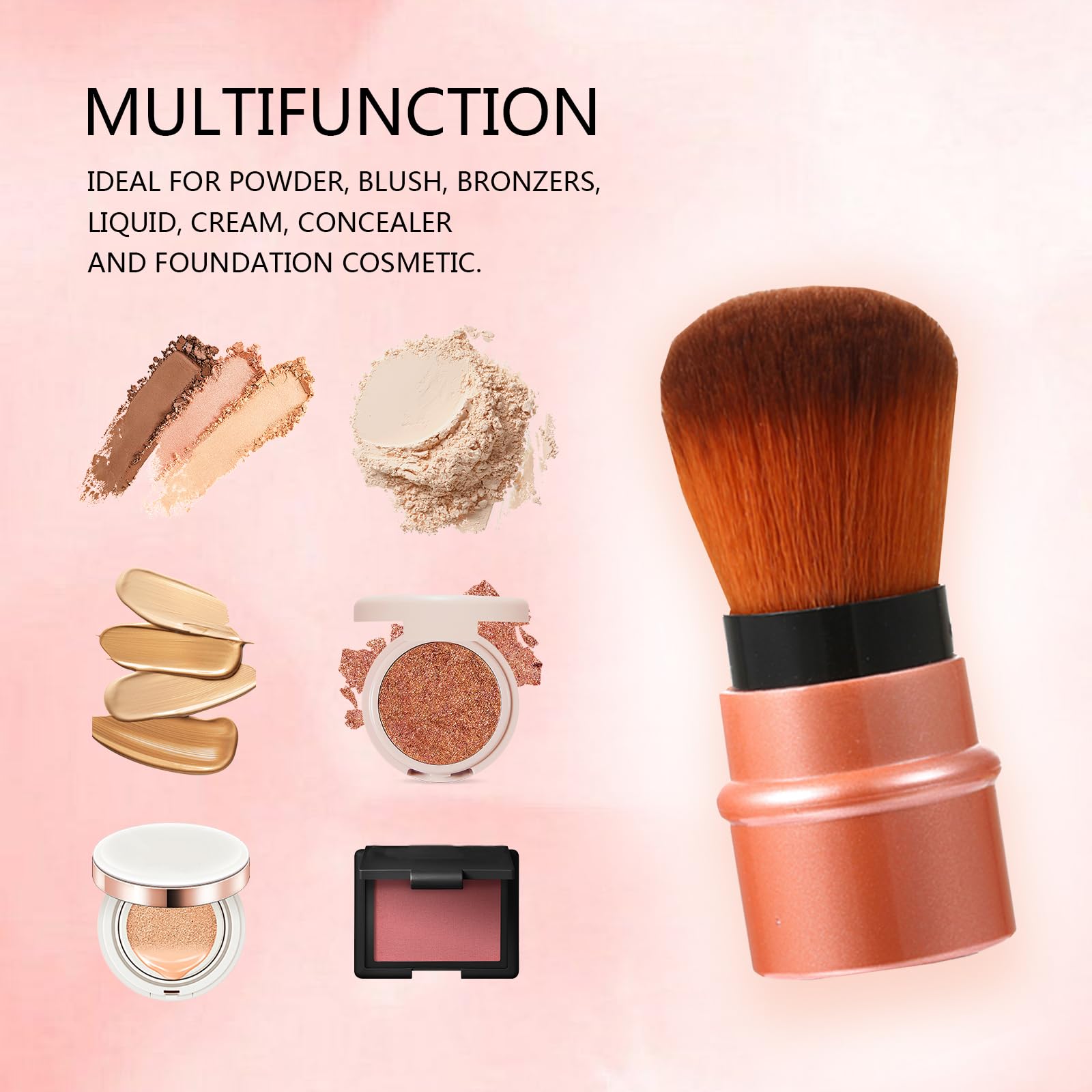 3-Color Retractable Makeup Brush Set - Travel Kabuki & Blush Brushes for Foundation & Powder (Red/Black/Brown) - Perfect for On-the-Go Touchups