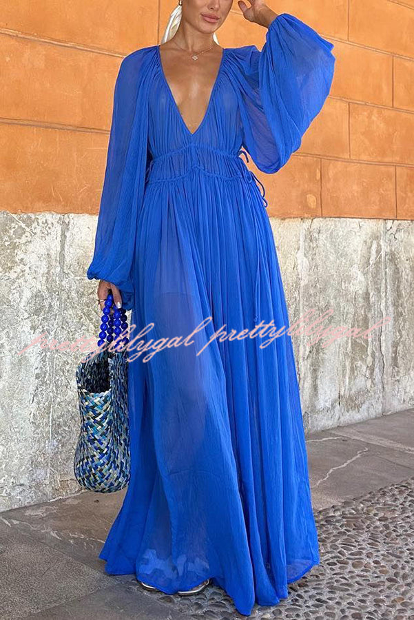 Elegant Blue Gemstone Chiffon Ruched Waist Maxi Dress for Women - Perfect for Weddings, Parties & Summer Vacations