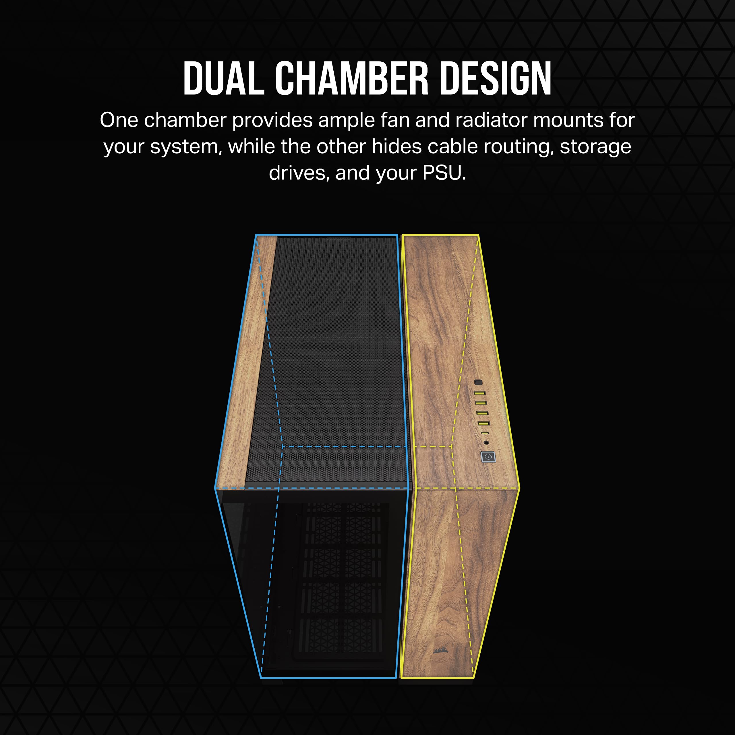 CORSAIR 6500X Mid-Tower ATX Dual Chamber PC Case - Panoramic Tempered Glass, Reverse Connection Motherboard Compatible, High Airflow Design - Black/Walnut Wood (No Fans Included) - Perfect for Gaming Rigs, Workstations & Custom PC Builds