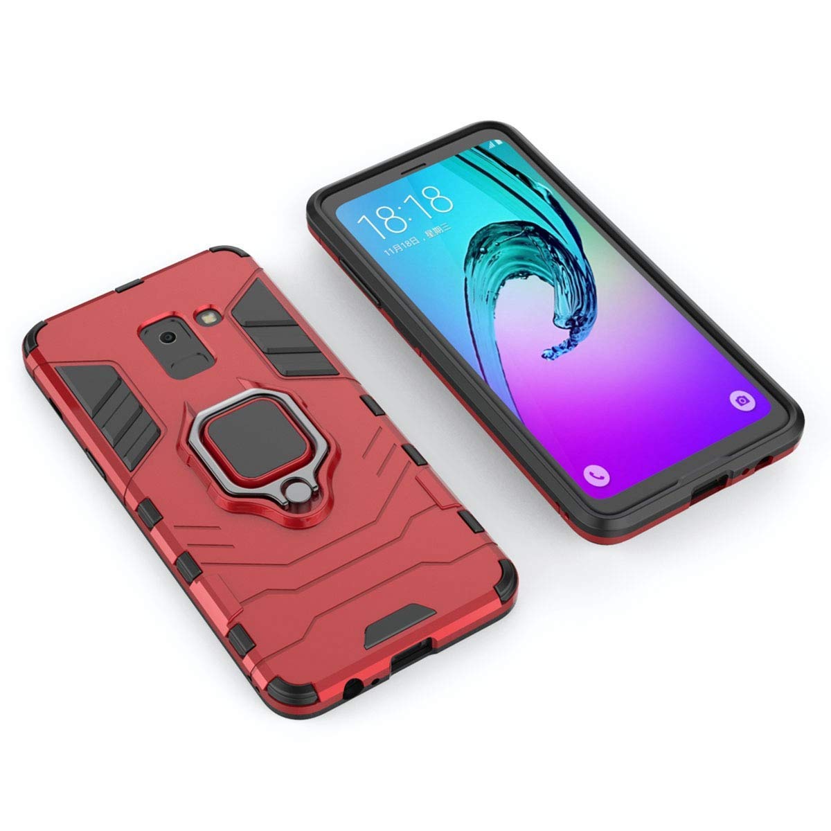 Shockproof Rugged Case for Samsung Galaxy A8 (2018) - Dual Layer Hard Bumper with Metal Ring Grip & Kickstand | Compatible with Magnetic Car Mount | Perfect for Outdoor Activities, Work & Travel (Red)
