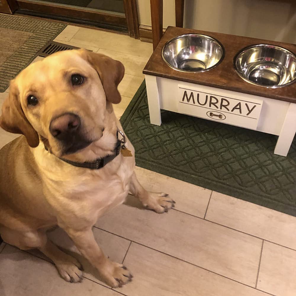 Personalized Elevated Dog Bowl Stand for Large, Medium, Small & X-Small Dogs - Stainless Steel Raised Pet Food & Water Bowls with Storage - Adjustable Height Dog Dish Feeder (X-Small, Dark Walnut) - Perfect for Kitchen, Living Room or Outdoor Use