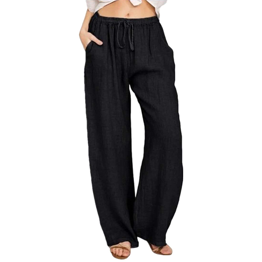 Yoawdats Women's High Waisted Linen Palazzo Pants - Breathable Solid Color Drawstring Lounge Pants with Pockets | Perfect for Yoga, Travel & Summer Casual Wear