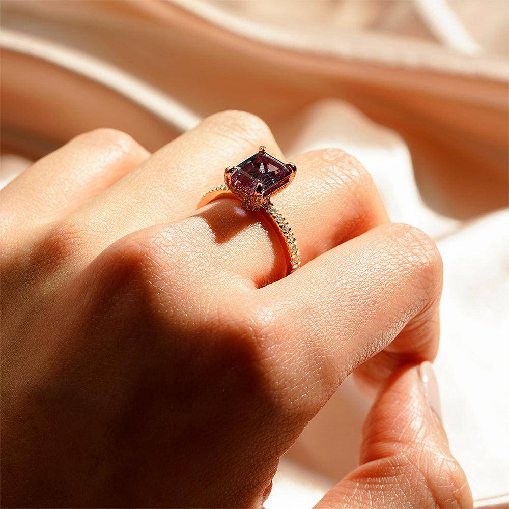 3 CT. Emerald Cut Alexandrite Engagement Ring With Moissanite Hidden Halo - Elegant Wedding Proposal Jewelry for Brides & Anniversaries