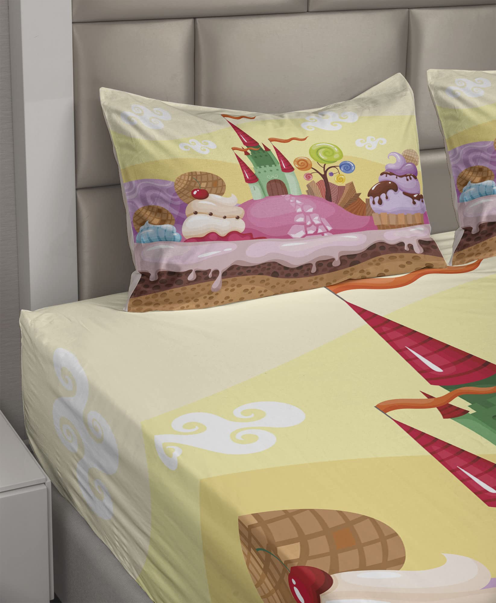 Ambesonne 4-Piece Cartoon Bedding Set - King Size Sand Brown & Pink Castle Landscape with Donuts, Muffins & Ice Cream Design - Fitted Sheet, Flat Sheet & 2 Pillowcases - Perfect for Kids Rooms, Dorm Decor or Whimsical Bedroom Themes