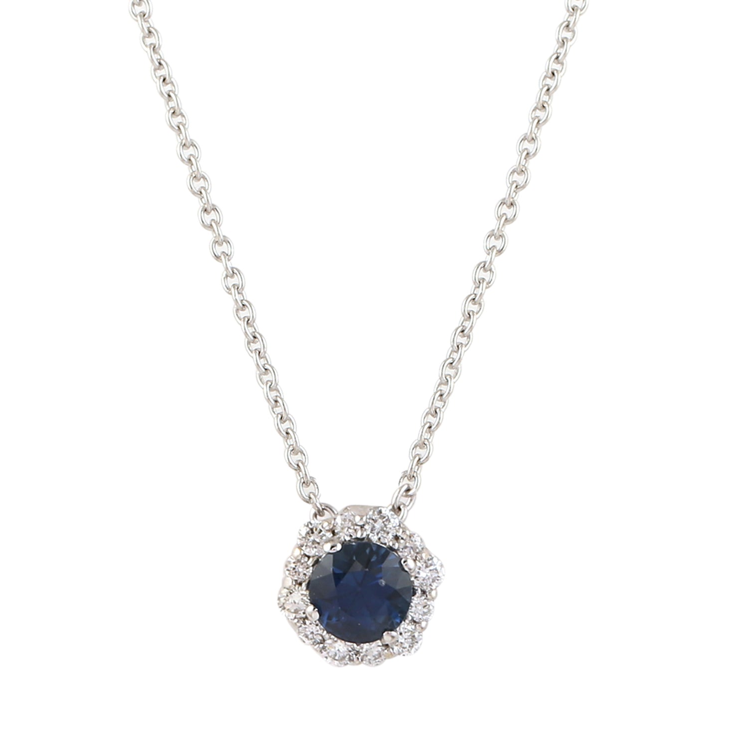 14K White Gold Blue Sapphire Pave Diamond Halo Chain Necklace for Women - Elegant Jewelry Gift for Anniversary, Birthday & Special Occasions