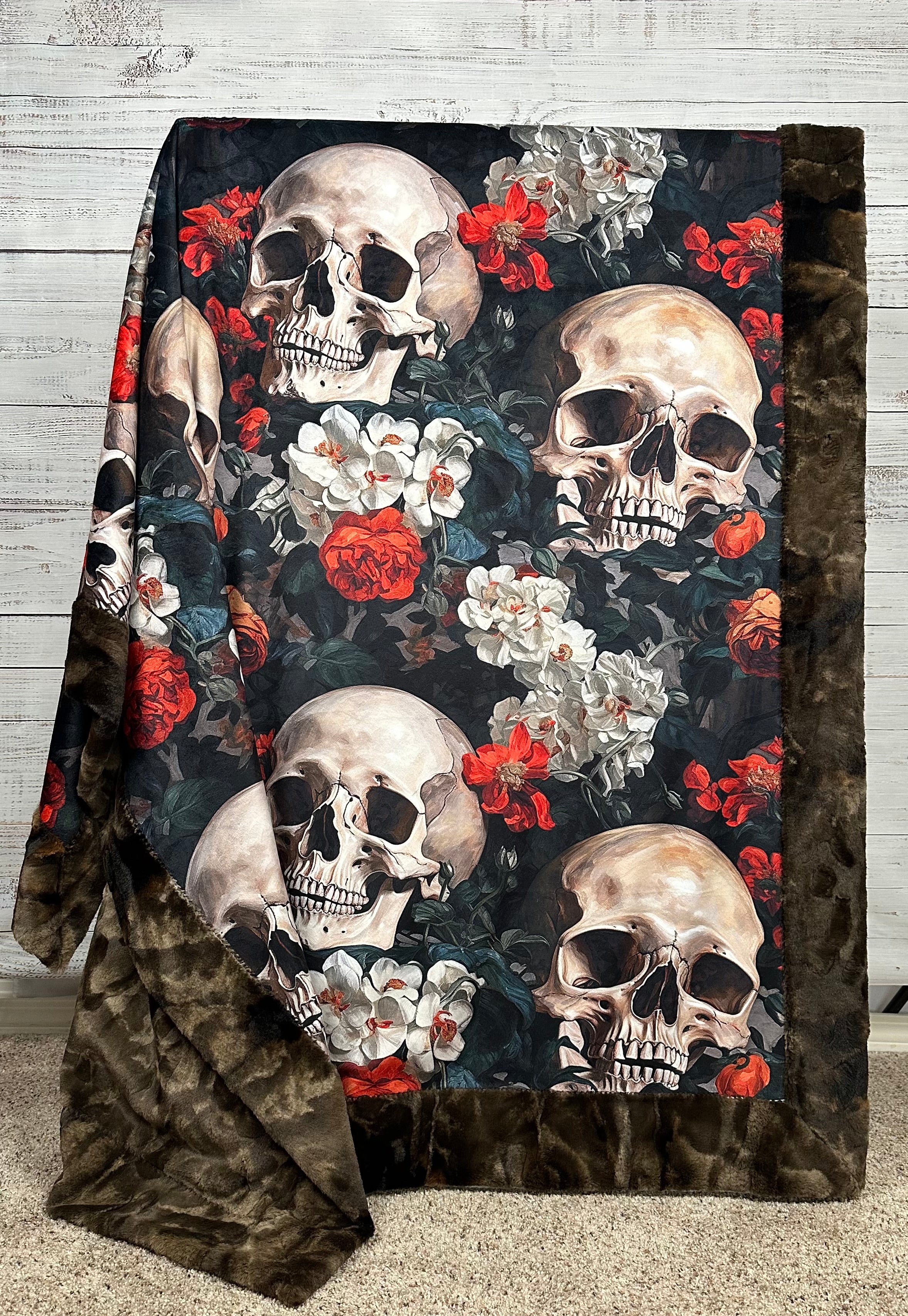 Blooming Skull Garden Design Brown Luxe Large 55x79 Inch Minky Blanket - Soft Cozy Throw for Bed, Couch & Home Decor