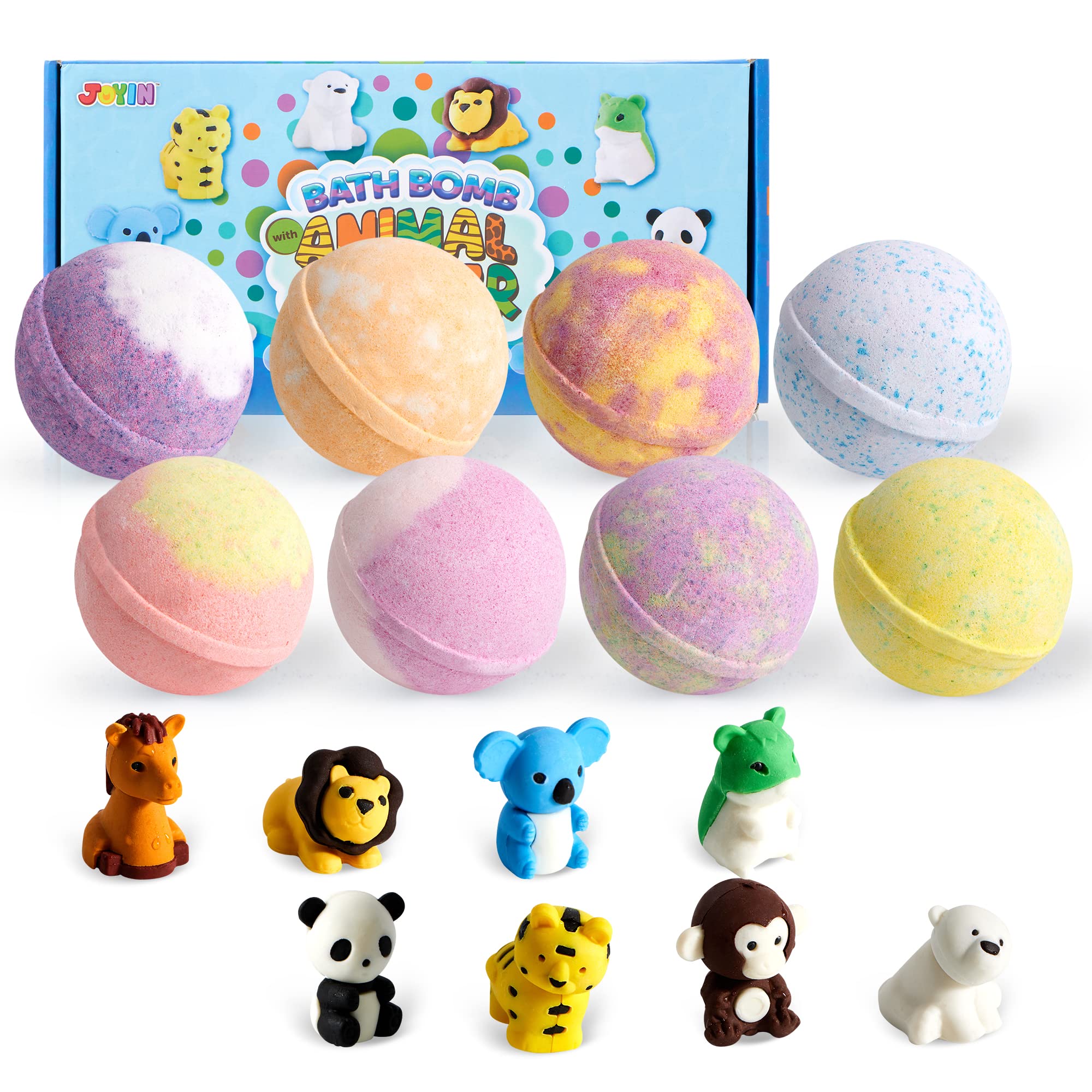 JOYIN 8-Pack Animal Eraser Bath Bombs for Kids with Surprise Toys | Natural Essential Oil SPA Fizzies | Easter Birthday Gifts for Boys & Girls | Fun Bubble Bath Time & Relaxing Kids Spa Night