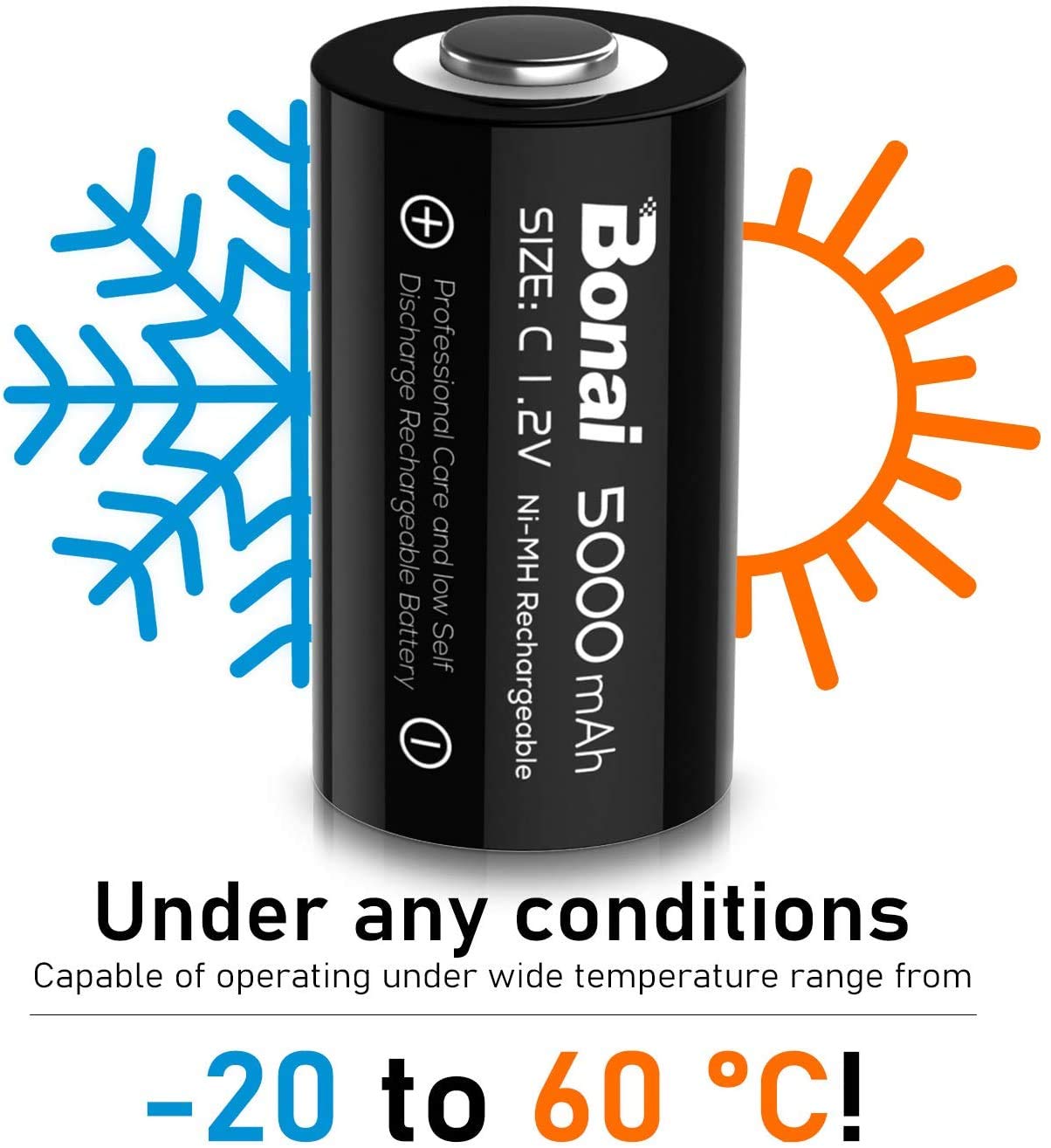 BONAI Rechargeable C Batteries 8-Pack - 5000mAh 1.2V Ni-MH High Capacity C Cell Batteries for Flashlights, Toys, Radios & Emergency Devices - Long Lasting Power Supply