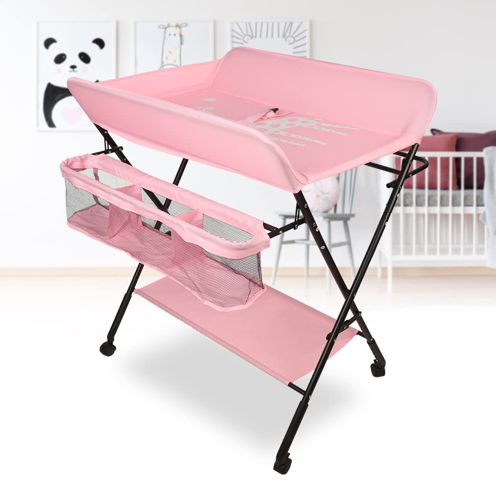 Adjustable Height Folding Baby Changing Table with Storage Basket & Wheels - Portable Nursery Diaper Station for Newborns & Toddlers (Pink) - Perfect for Small Spaces, Daycare & Travel Use