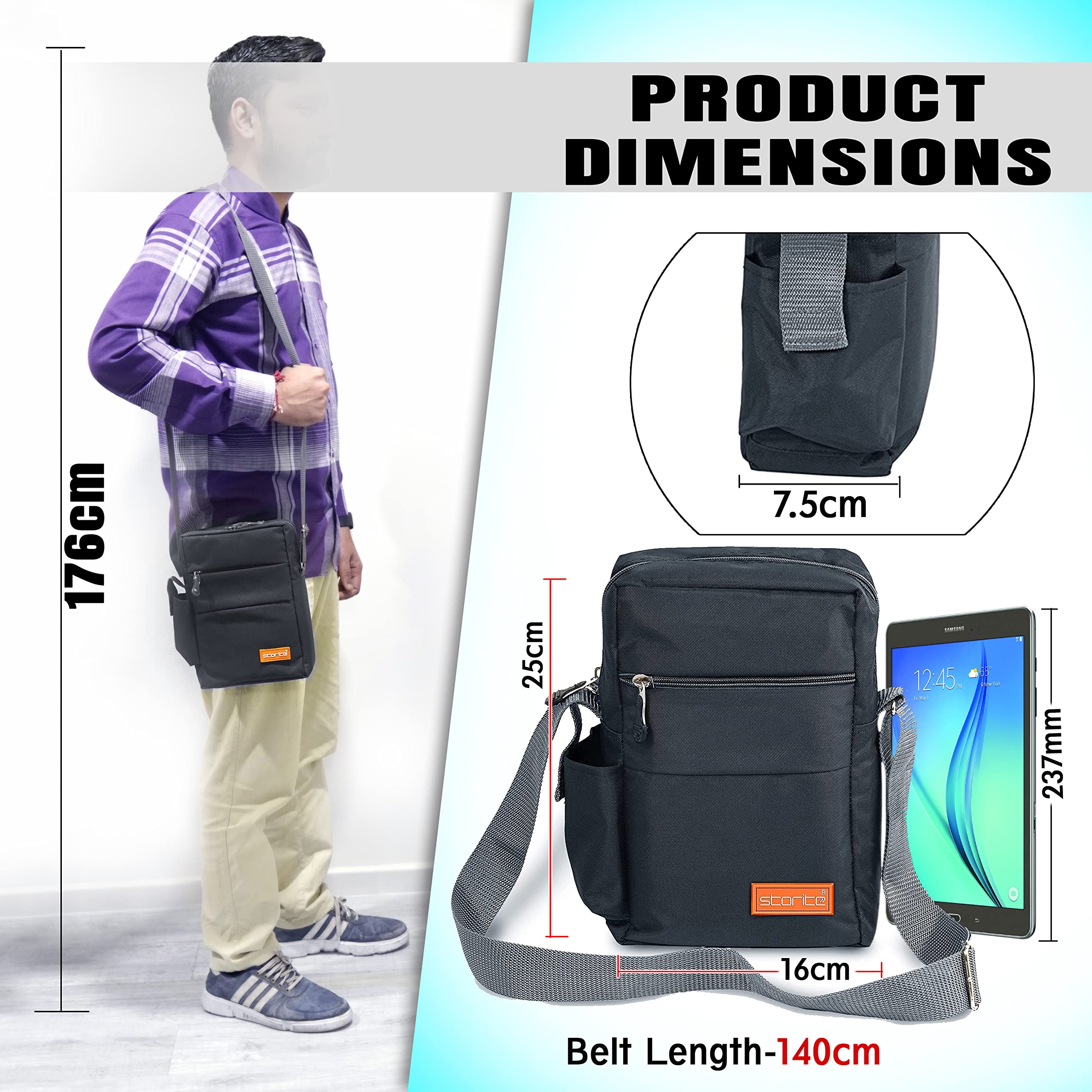 Storite 10 Inch Stylish Padded Mini Sling Bag for Men & Women - Compact Travel Bag with Water Bottle Pocket (25x16x7.5cm, Dark Grey) - Perfect for Passport Storage, Daily Commute & Outdoor Adventures