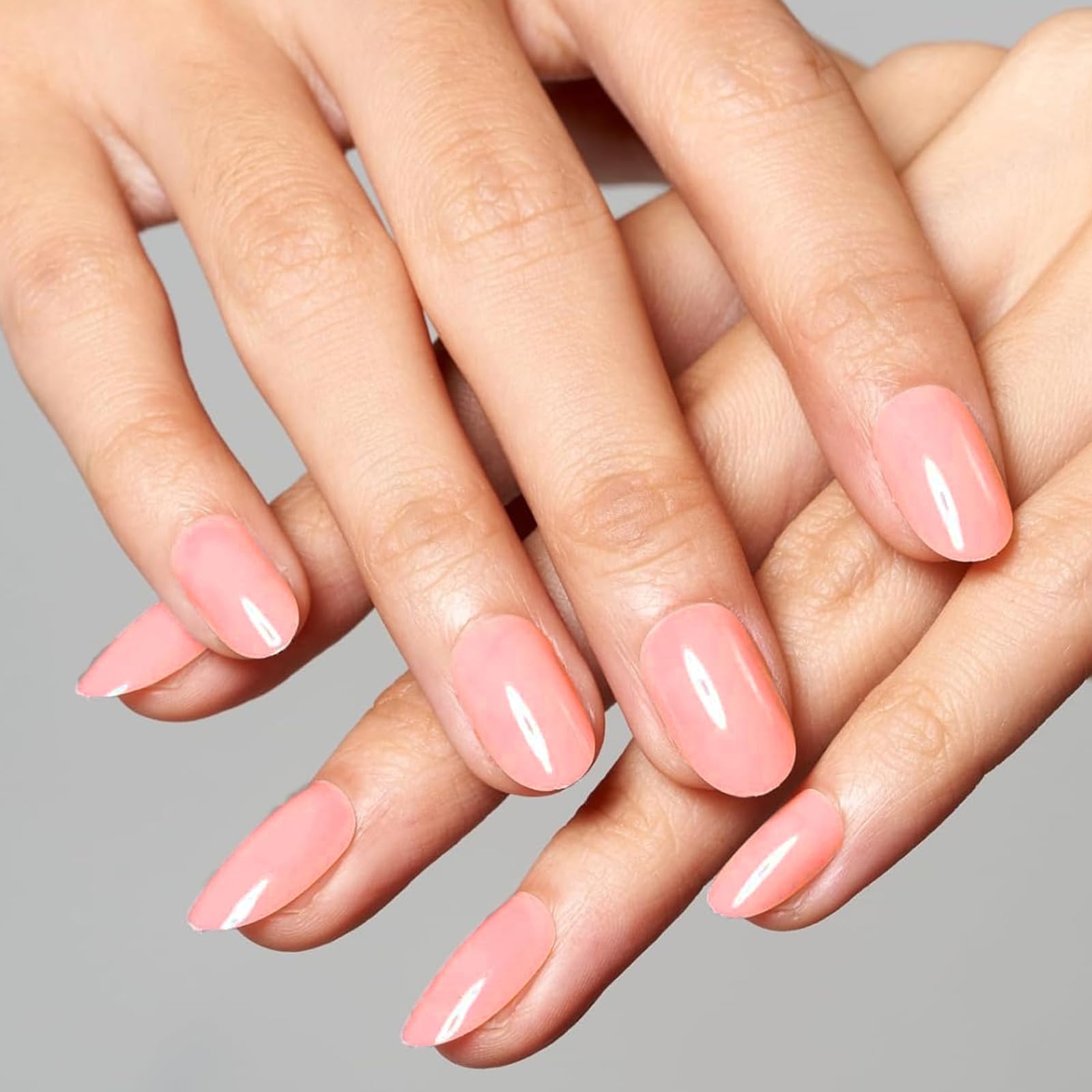 GLAMERMAID Short Oval Press on Nails - Nude Pink & Peach Blossom False Nails with Adhesive Tabs | Reusable Acrylic Glue on Nails for Women | Pure Glossy Gel Fake Nails Set | Perfect for Parties, Weddings & Everyday Wear