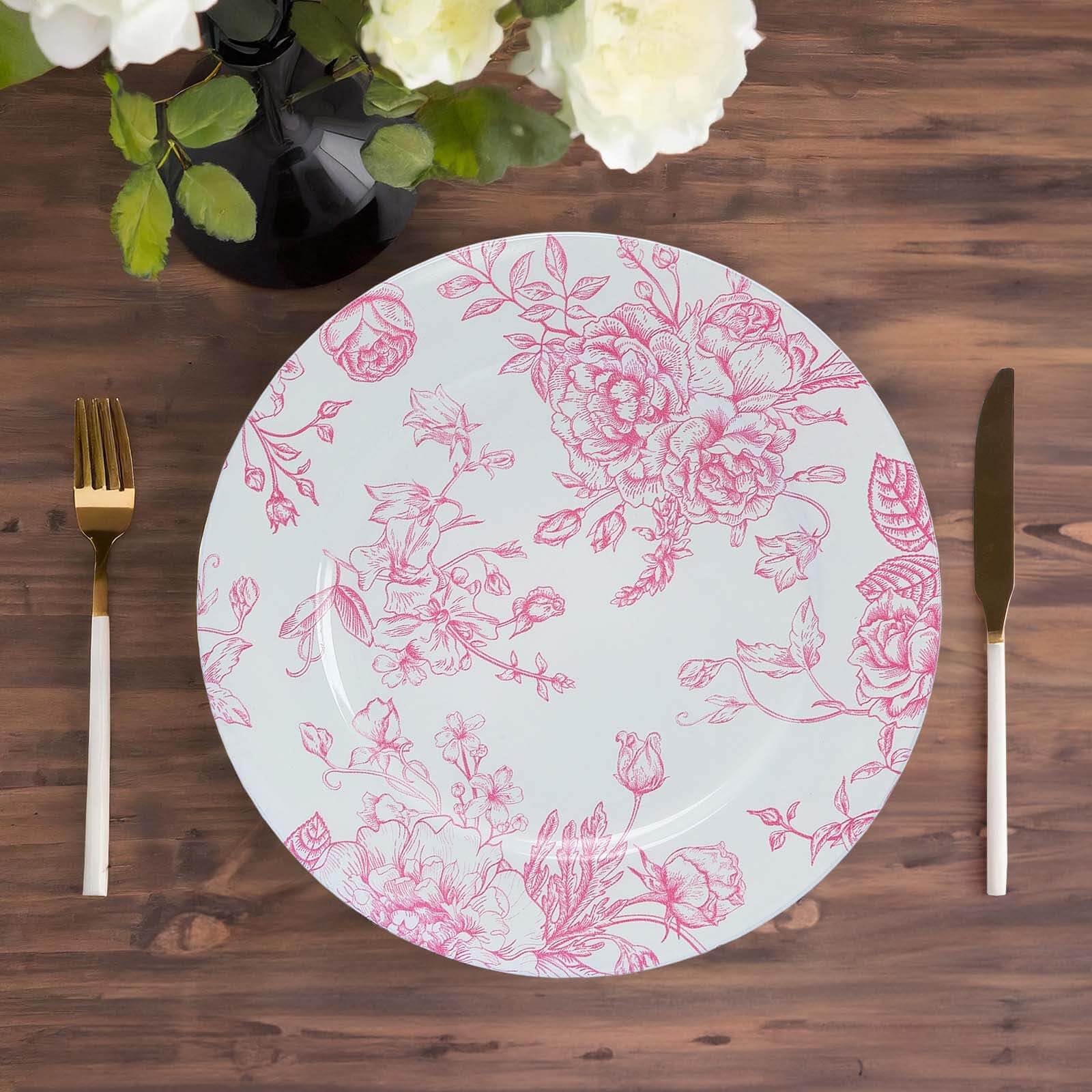 Efavormart 6-Pack White & Pink Floral Acrylic Charger Plates - French Toile Pattern Round Dinner Plates for Weddings, Parties & Events (13 Inch) - Elegant Table Decor for Dining & Special Occasions