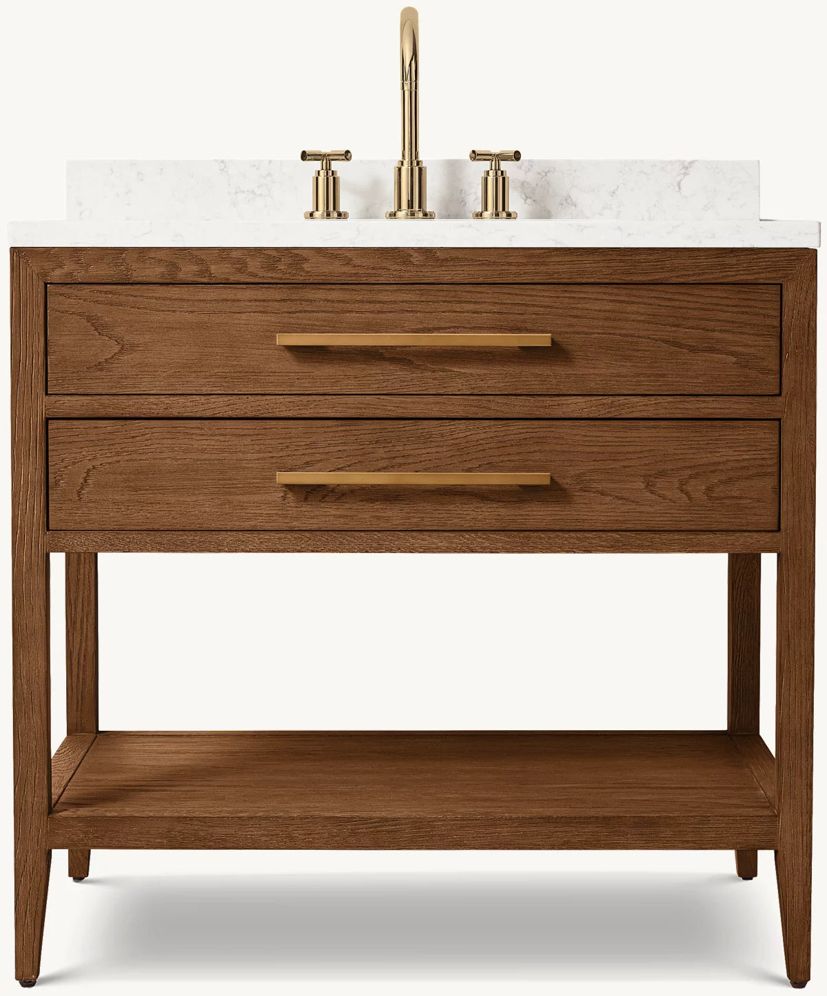 French Contemporary Single Washstand in Coffee Oak, Satin Aged Brass & Viatera Minuet - Perfect for Modern Bathroom Vanity & Luxury Home Decor