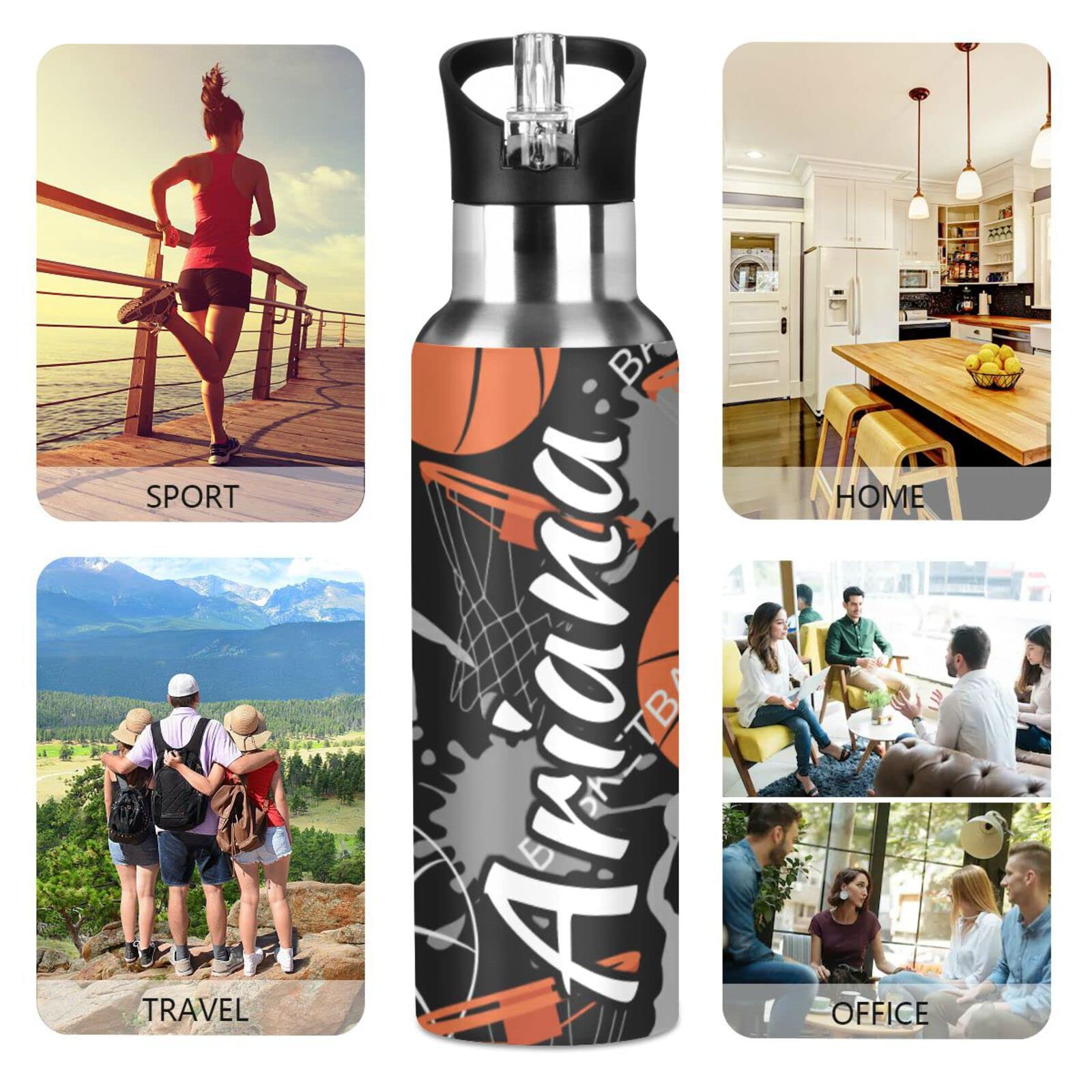 Custom Personalized 20oz Stainless Steel Insulated Water Bottle with Straw Lid - Double Wall Vacuum Basketball Sports Bottle for Travel, Gym & Outdoor Activities | Leakproof & Durable