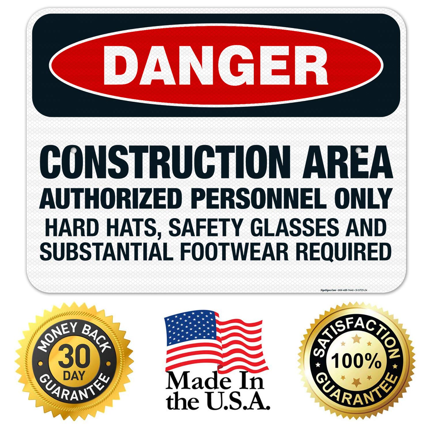 OSHA Approved Construction Safety Sign - Authorized Personnel Only, Safety Glasses Required - 18x24 Inch Reflective Aluminum Sign for Job Sites - Durable 3M EGP .080 Aluminum, Weatherproof for Indoor/Outdoor Use - Made in USA - Perfect for Construction Zones, Warehouses & Industrial Areas