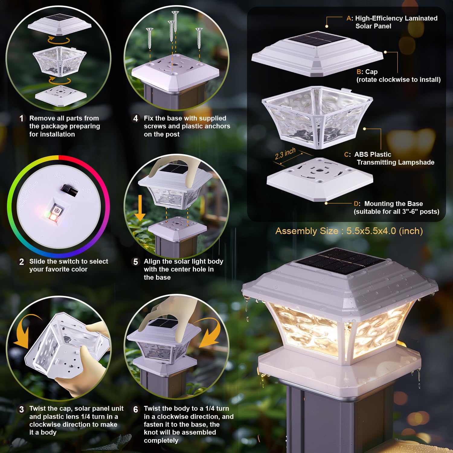 Solar Post Cap Lights - Warm White & RGB Color Changing, 9 Colors, 20 Lumens, IP65 Waterproof for 3.5x3.5