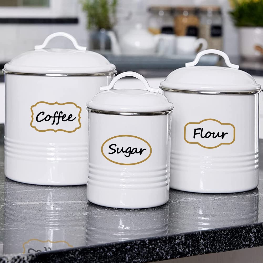 Premium Clear Pantry Labels with Gold Border - 93 Waterproof Removable Write-on Sticker Labels for Organizing Spice Jars, Condiment Containers, Flour & Sugar Canisters - Includes 2 Free Markers - Perfect for Kitchen Organization & Pantry Storage Solutions