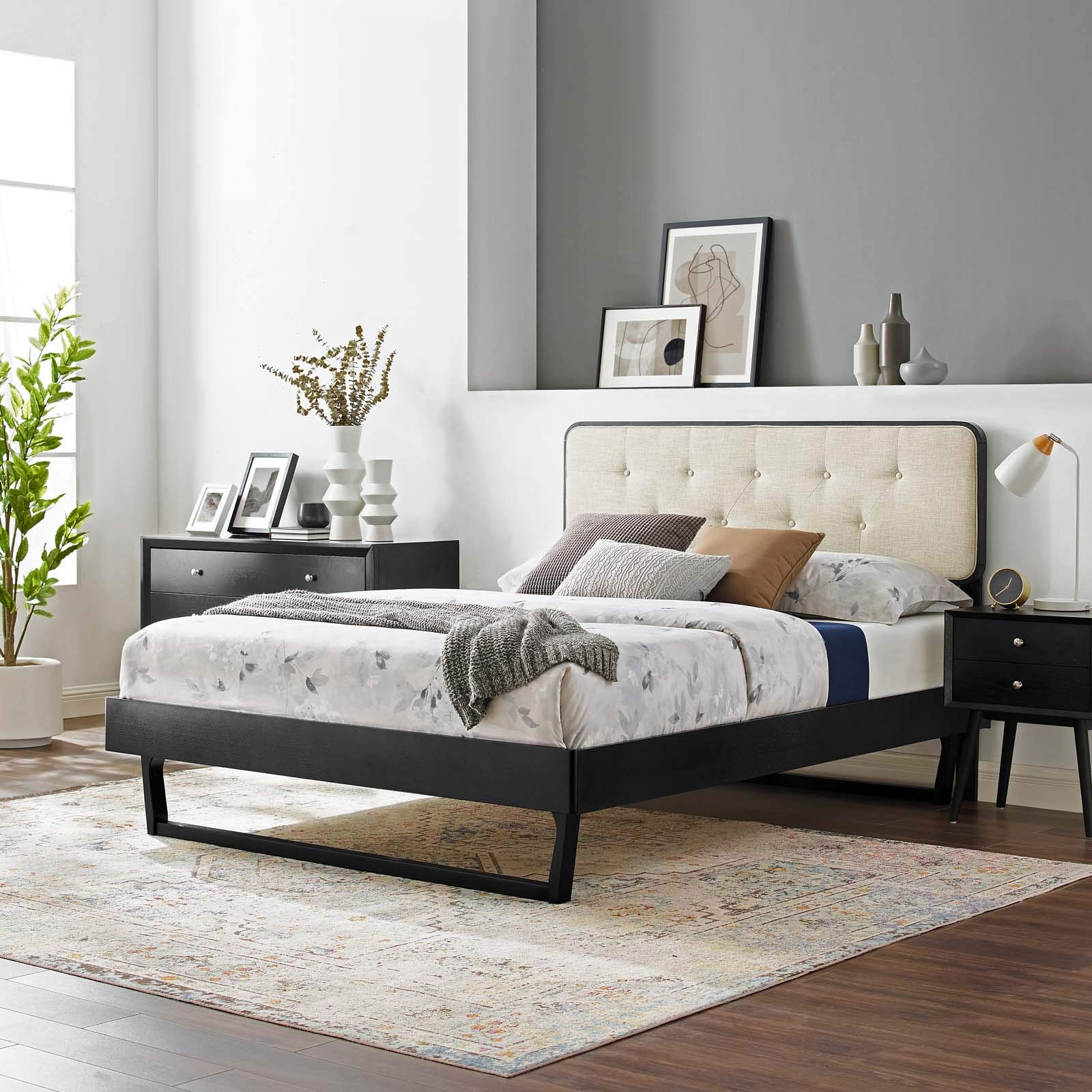 Modway MOD-6643-BLK-BEI Bridgette Full Size Wooden Platform Bed with Angular Frame - Black & Beige - Modern Bedroom Furniture for Small Spaces & Guest Rooms