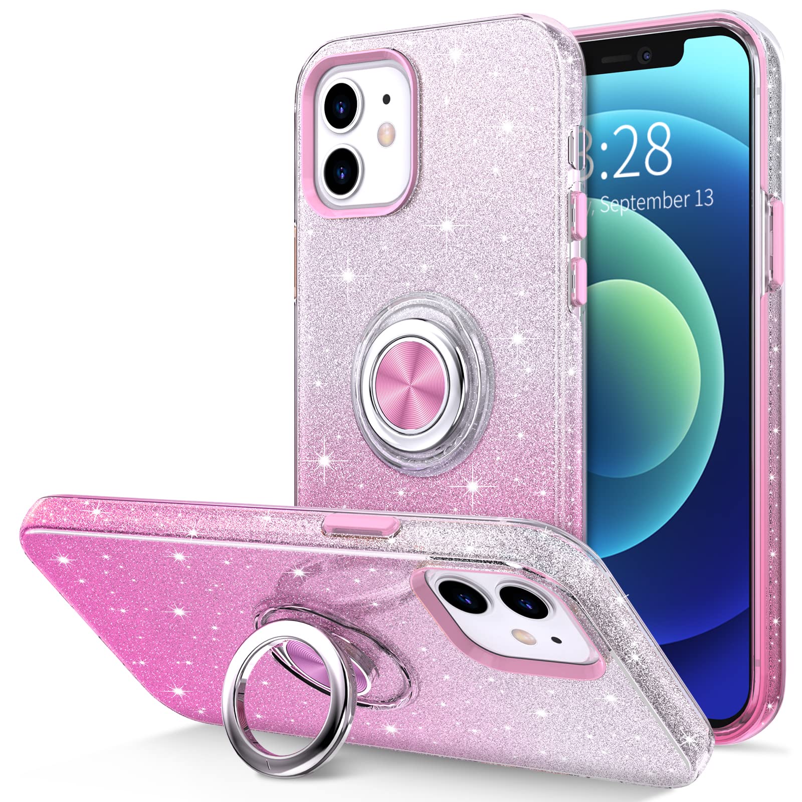 Hython iPhone 12 Case with Magnetic Ring Stand - Pink Sparkle for Protection & Hands-Free Use